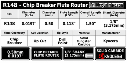 0.0197" (0.50mm) Kyocera Chip Breaker PCB Router, 3mm LOC, Drill Point, Up-Cut, 1/8" Shank | R148