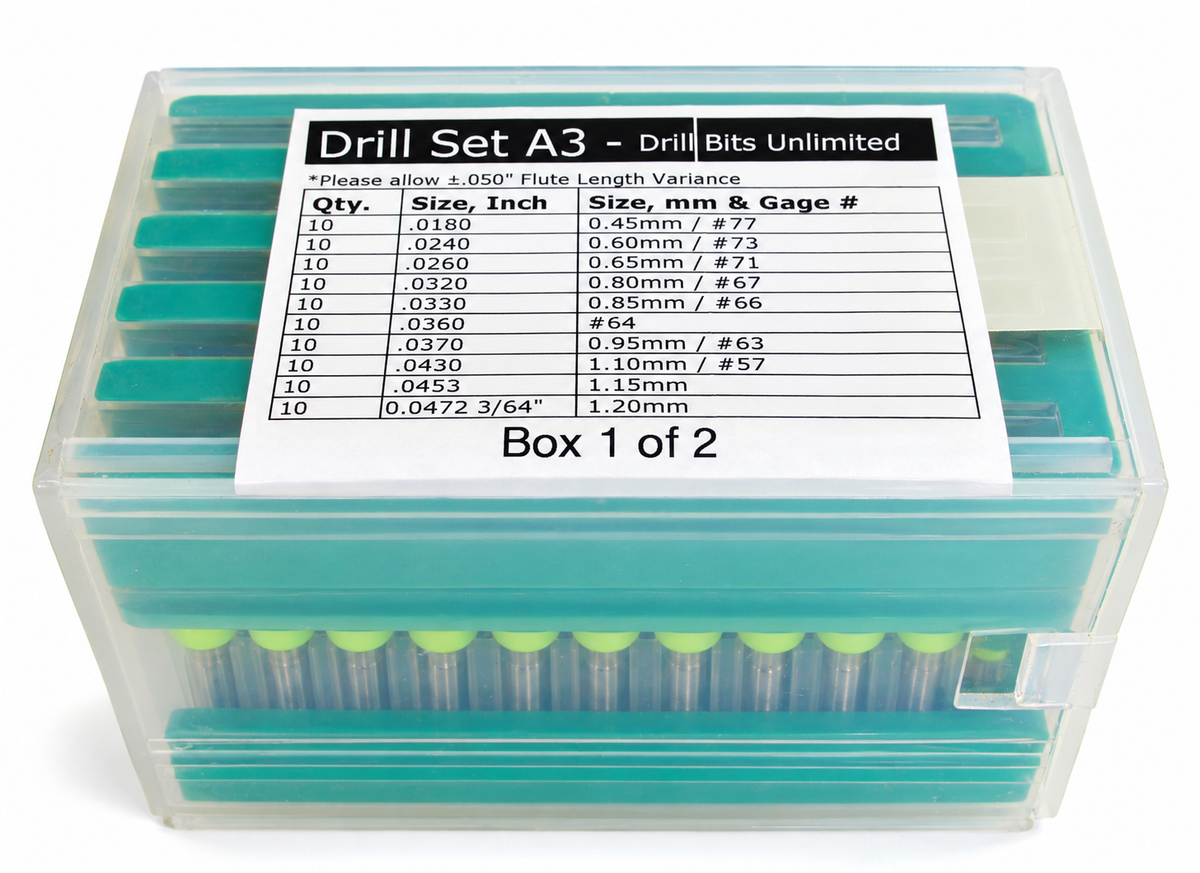 .0180"–.0472" 100 Pc Carbide Drill Bit Set | 10 Sizes, 1/8" Shank | A3