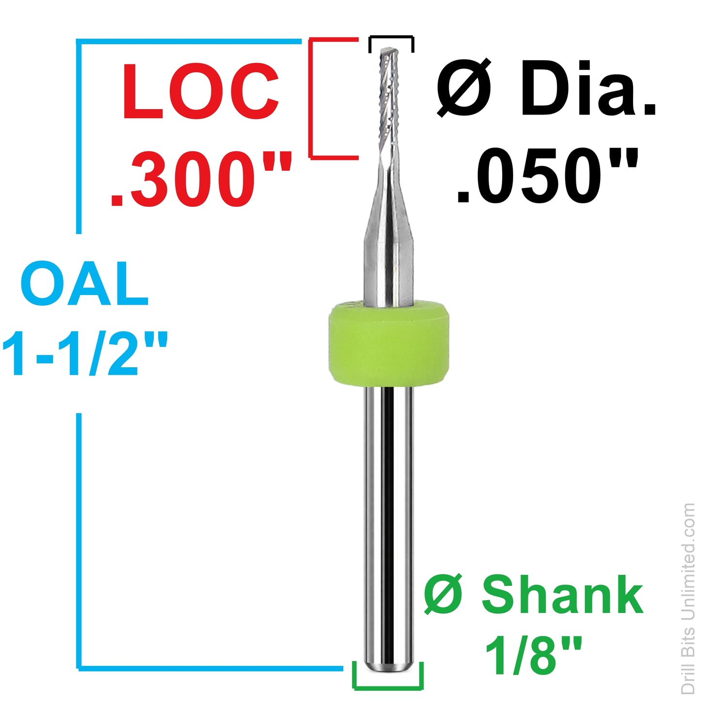 Dimension chart for 0.050 inch 1.27mm chip breaker carbide router with .300 LOC and 1/8 shank