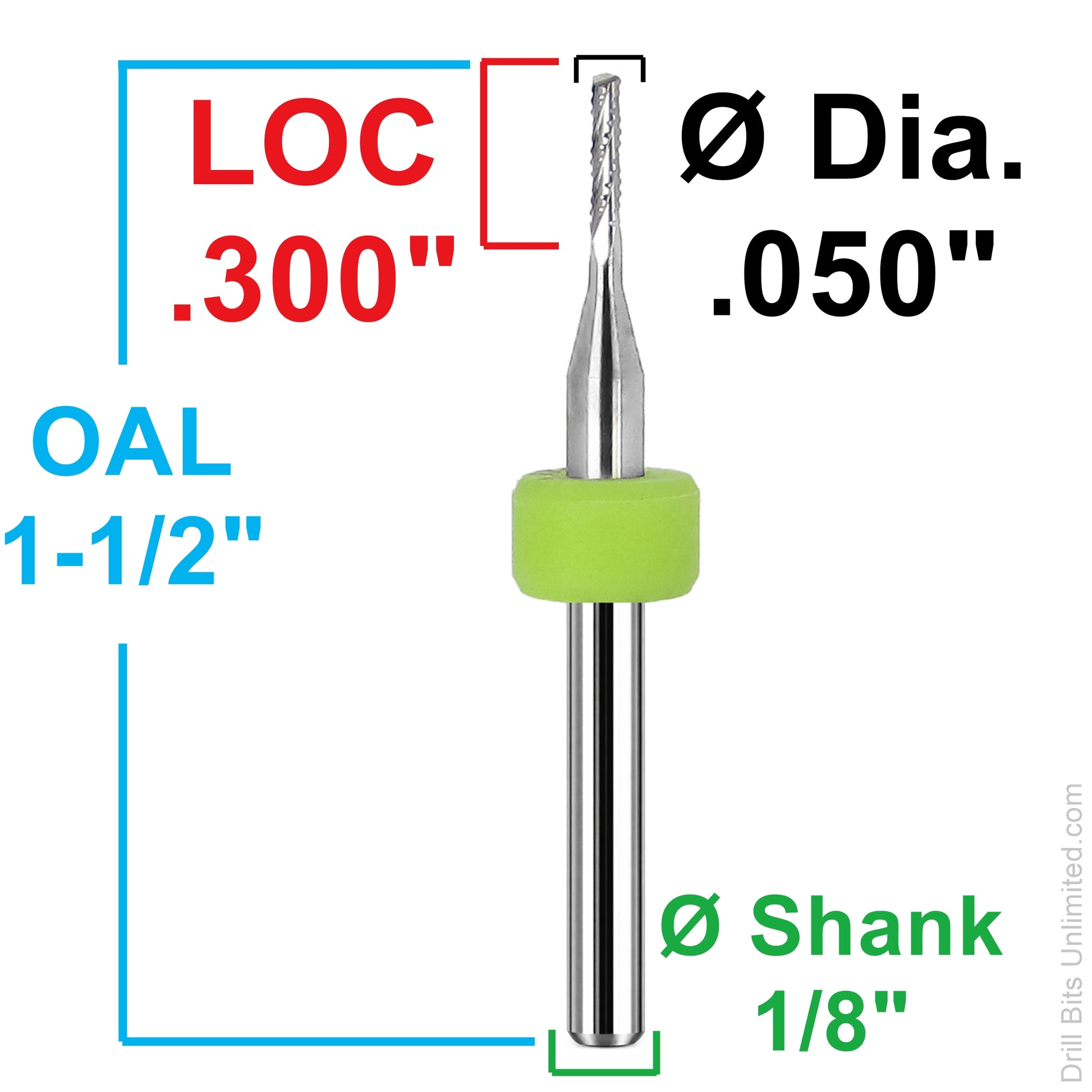 Dimension chart for 0.050 inch 1.27mm chip breaker carbide router with .300 LOC and 1/8 shank