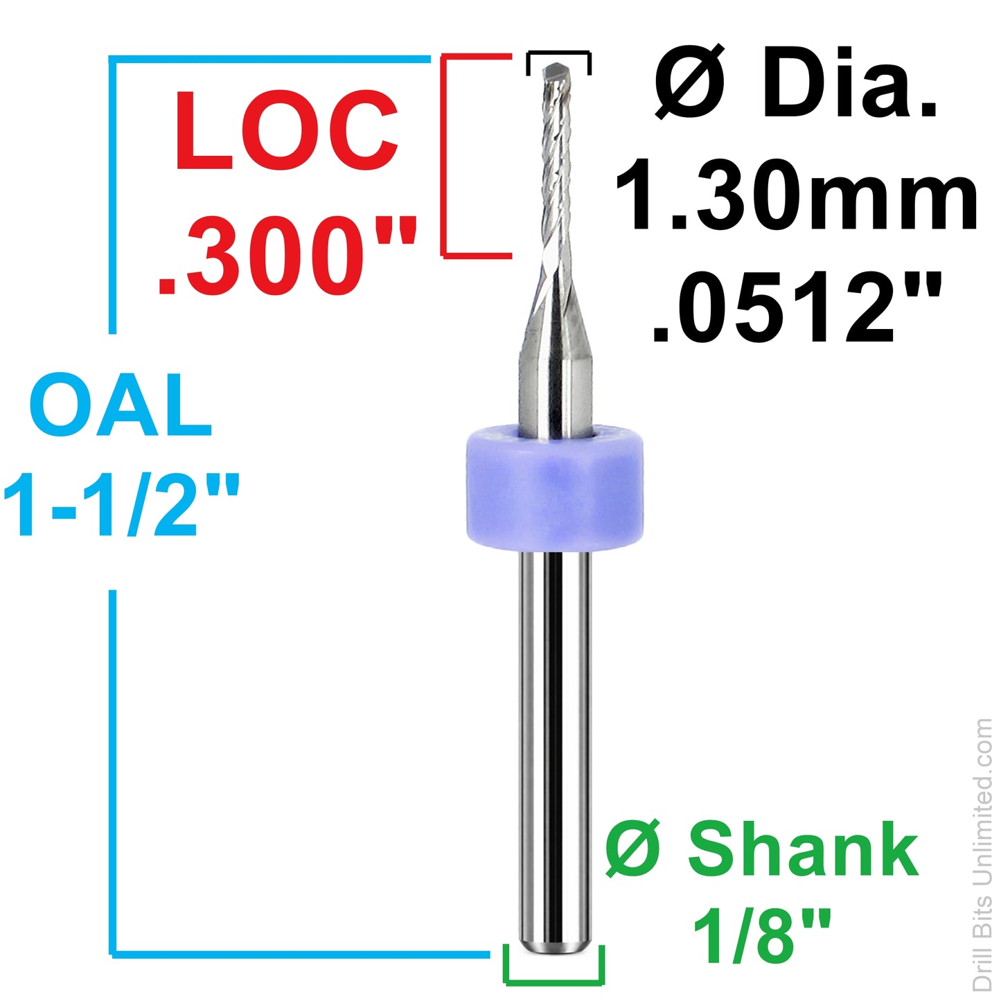 Dimension chart for 0.0512 inch 1.30mm chip breaker carbide router with .300 LOC and 1/8 shank