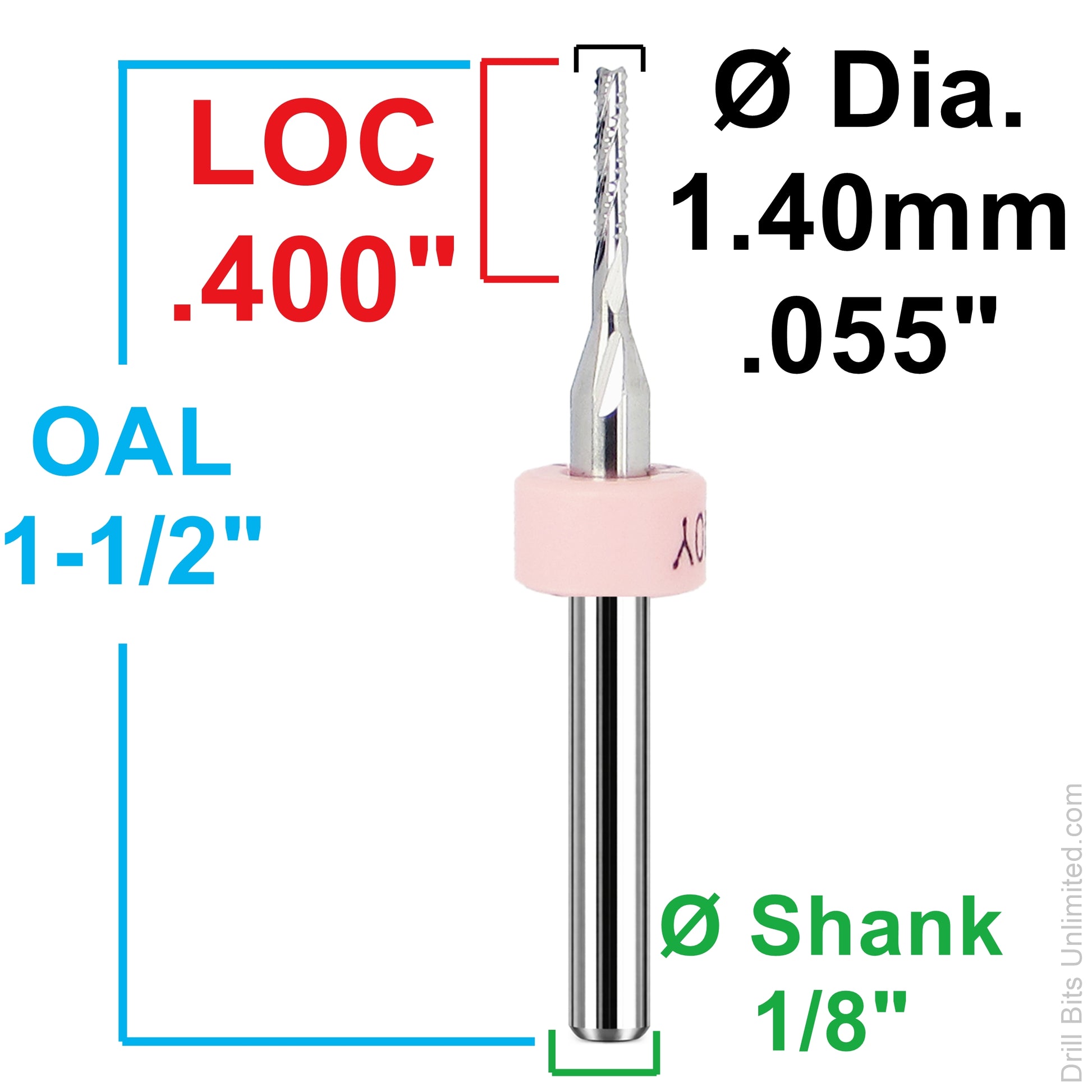 Dimension chart for 0.055 inch 1.40mm chip breaker carbide router with .400 LOC and 1/8 shank