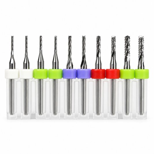 10-Piece Lightly Used Carbide Chip Breaker PCB Router Set – .0500" to .0945" – Fish Tail & Drill Point – URCV10