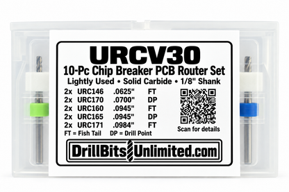 10-Piece Lightly Used Chip Breaker Carbide PCB Router Set – 1/16" to 2.50mm – Fish Tail & Drill Point – URCV30