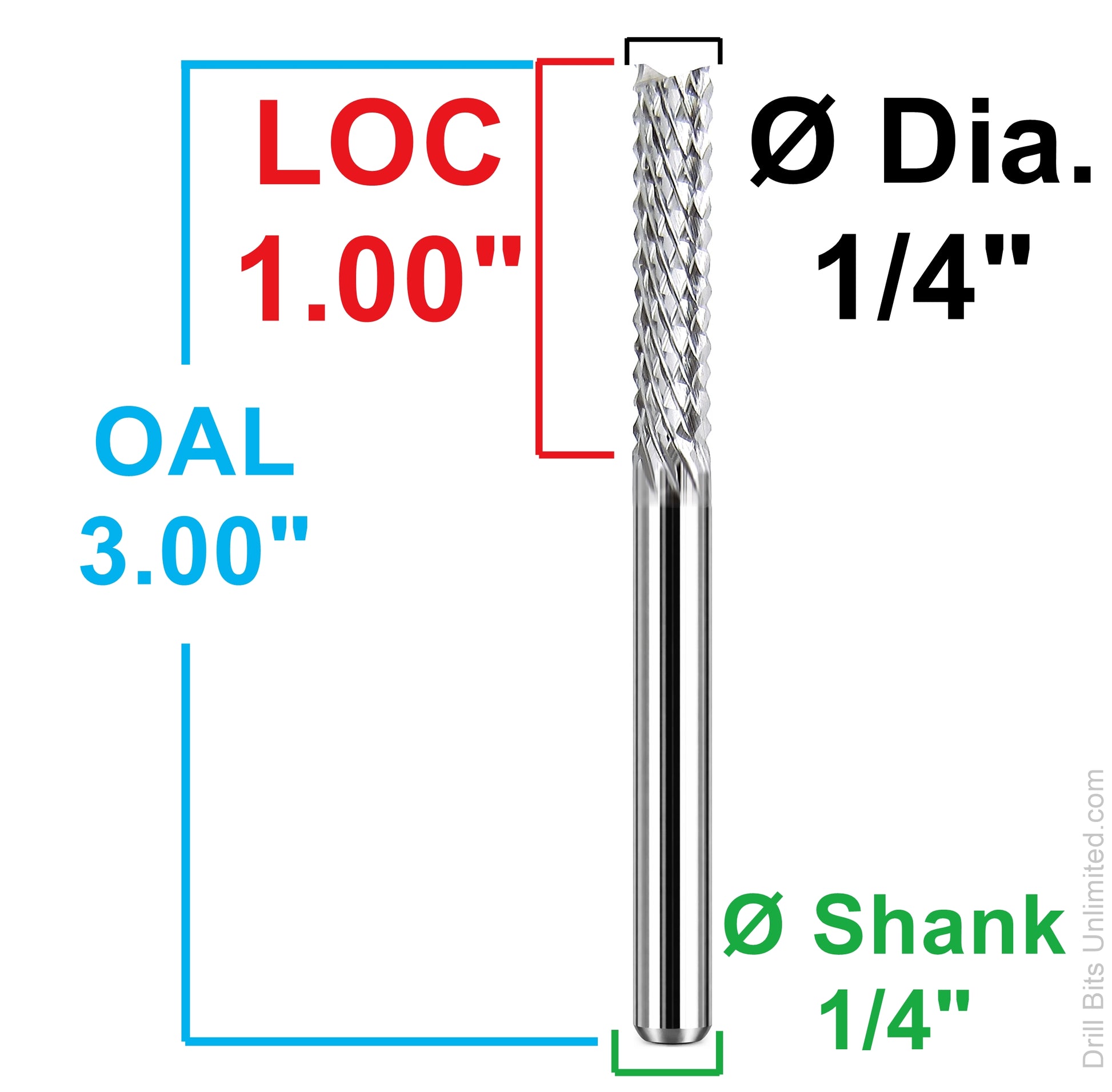 Dimensional image of A284 down cut diamond pattern carbide router bit showing 1/4 diameter, 1.00 LOC, 3.00 overall length, and 1/4 shank