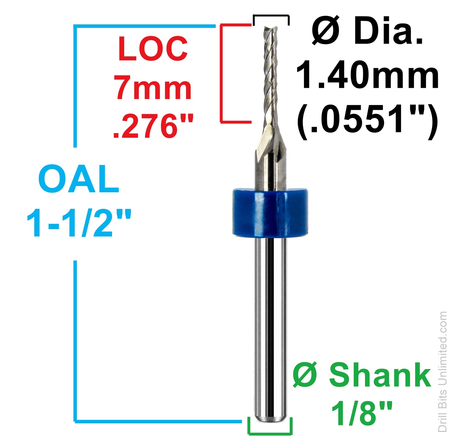 Dimensional drawing of 1.40mm diamond flute carbide router showing 7mm (.276 inch) flute length, 1-1/2 inch OAL, and 1/8 inch shank