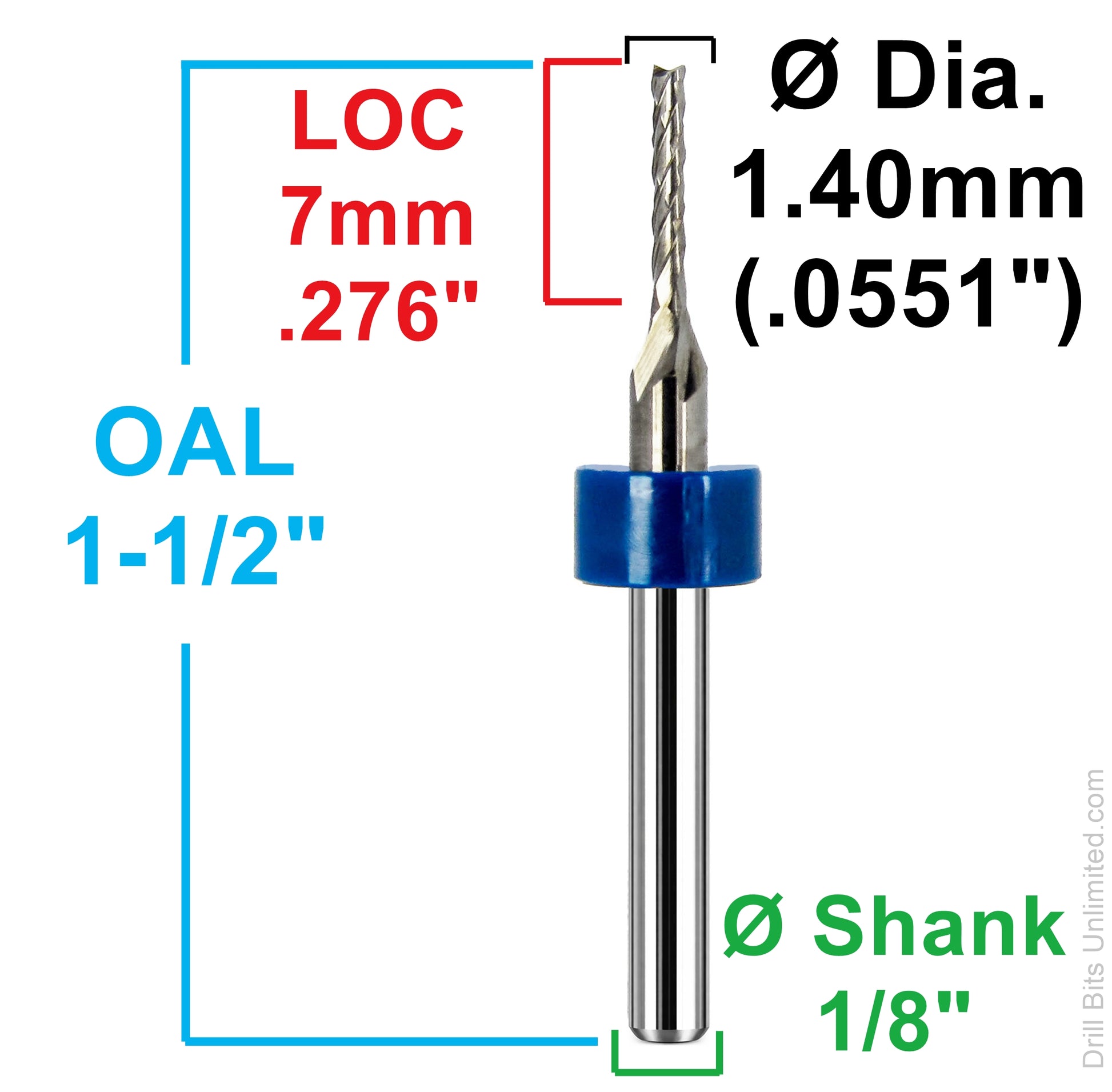 Dimensional drawing of 1.40mm diamond flute carbide router showing 7mm (.276 inch) flute length, 1-1/2 inch OAL, and 1/8 inch shank