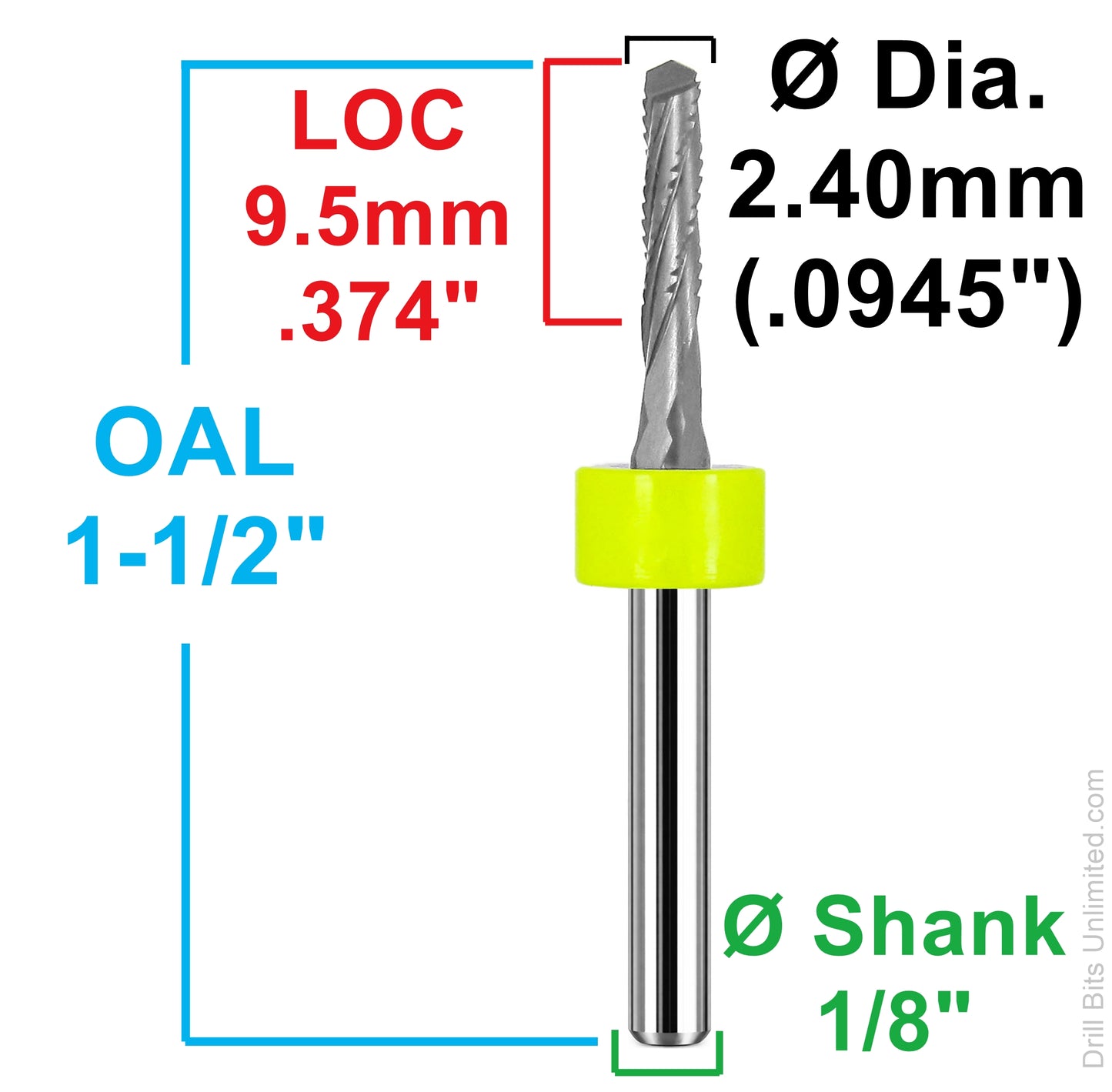 Dimensional drawing of 2.40mm chip breaker carbide router showing 9.5mm (.374 inch) flute length, 1-1/2 inch OAL, and 1/8 inch shank