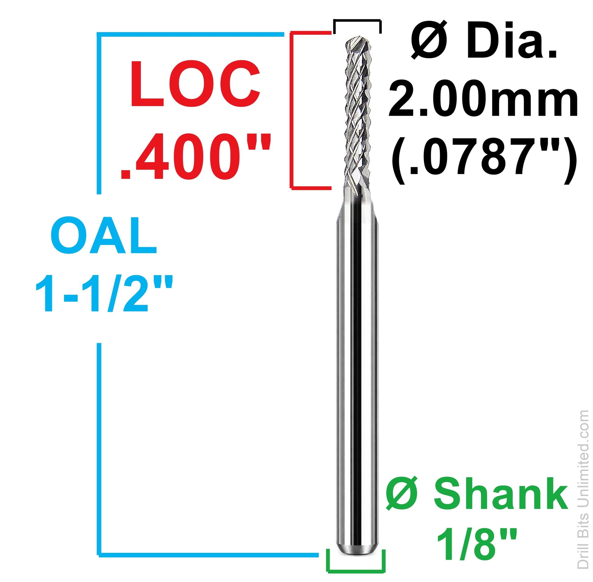 Dimensional drawing of 2.00mm diamond flute carbide router showing .400 inch flute length, 1-1/2 inch OAL, and 1/8 inch shank