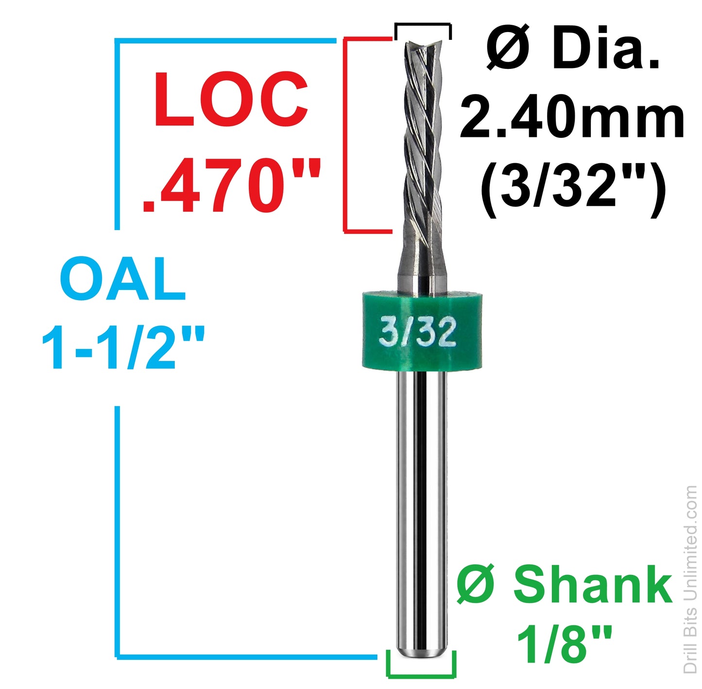 Dimensional drawing of 2.40mm five flute down cut carbide end mill showing .470 inch depth of cut, 1.50 inch OAL, and 1/8 inch shank