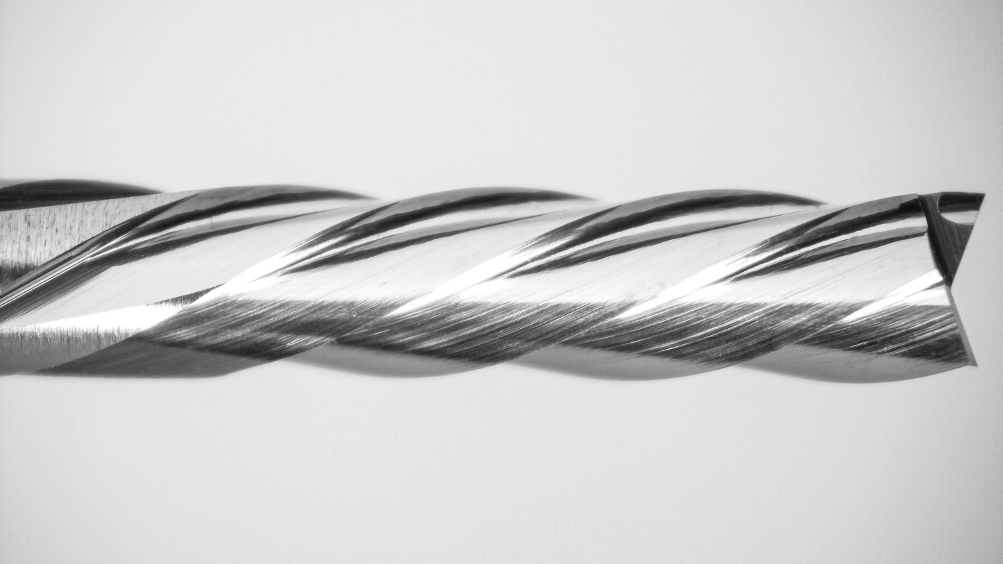 Close-up of fish tail plunge tip on 2.40mm five flute down cut carbide end mill