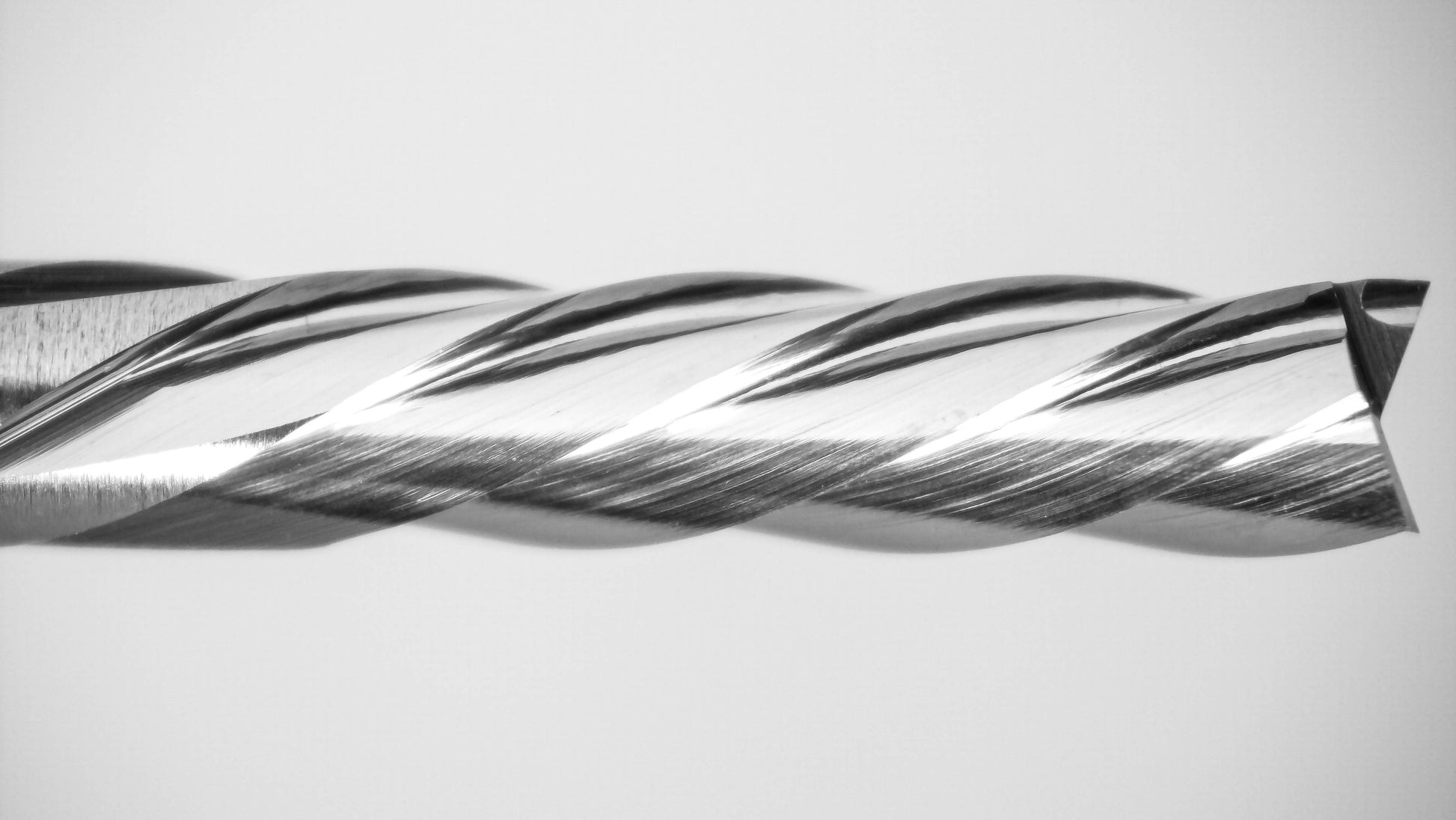 Close-up of fish tail plunge tip on 2.40mm five flute down cut carbide end mill