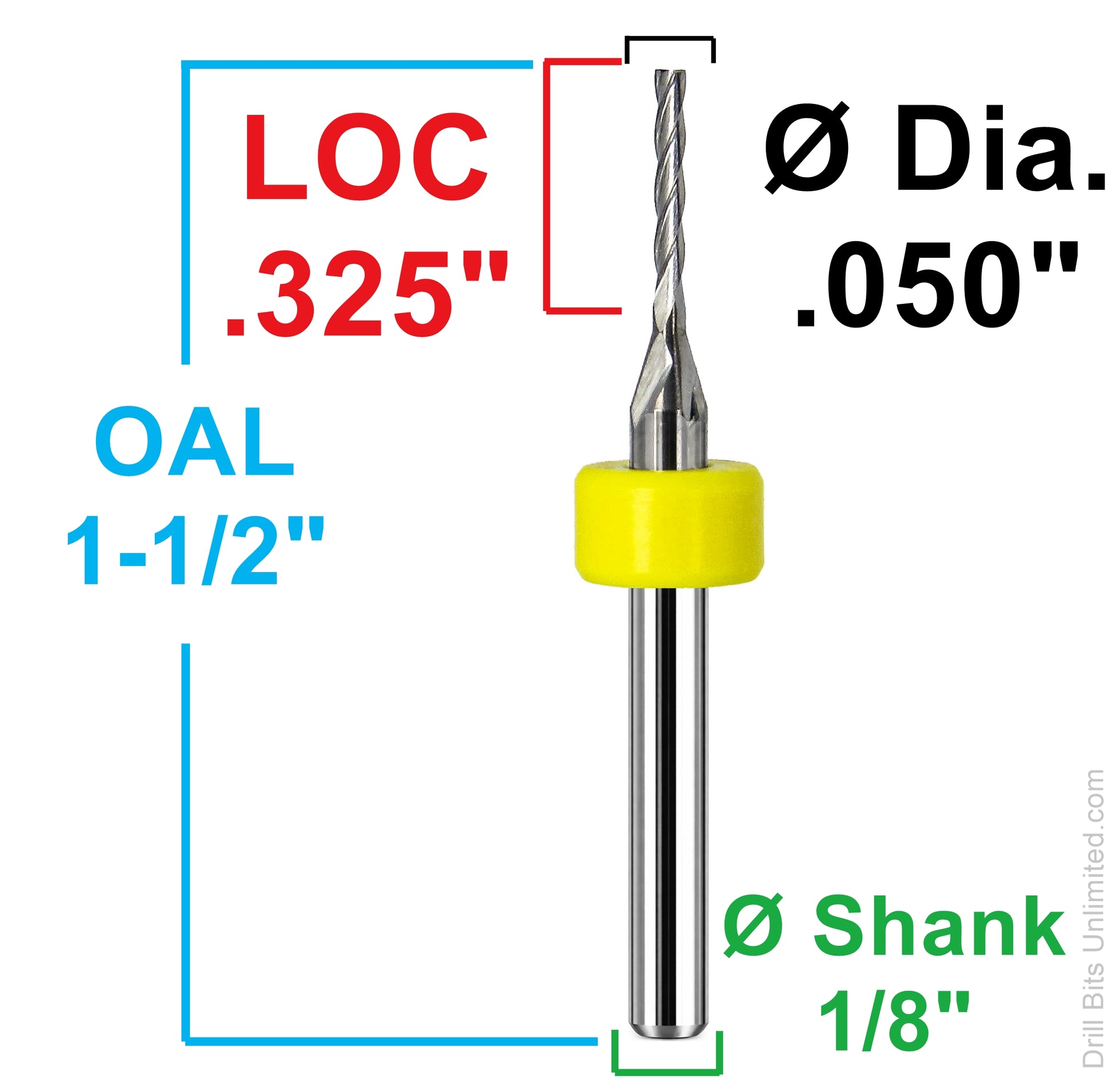 Dimensional drawing of 0.0500 inch 4 flute up cut carbide end mill showing .325 inch flute length, 1-1/2 inch OAL, and 1/8 inch shank