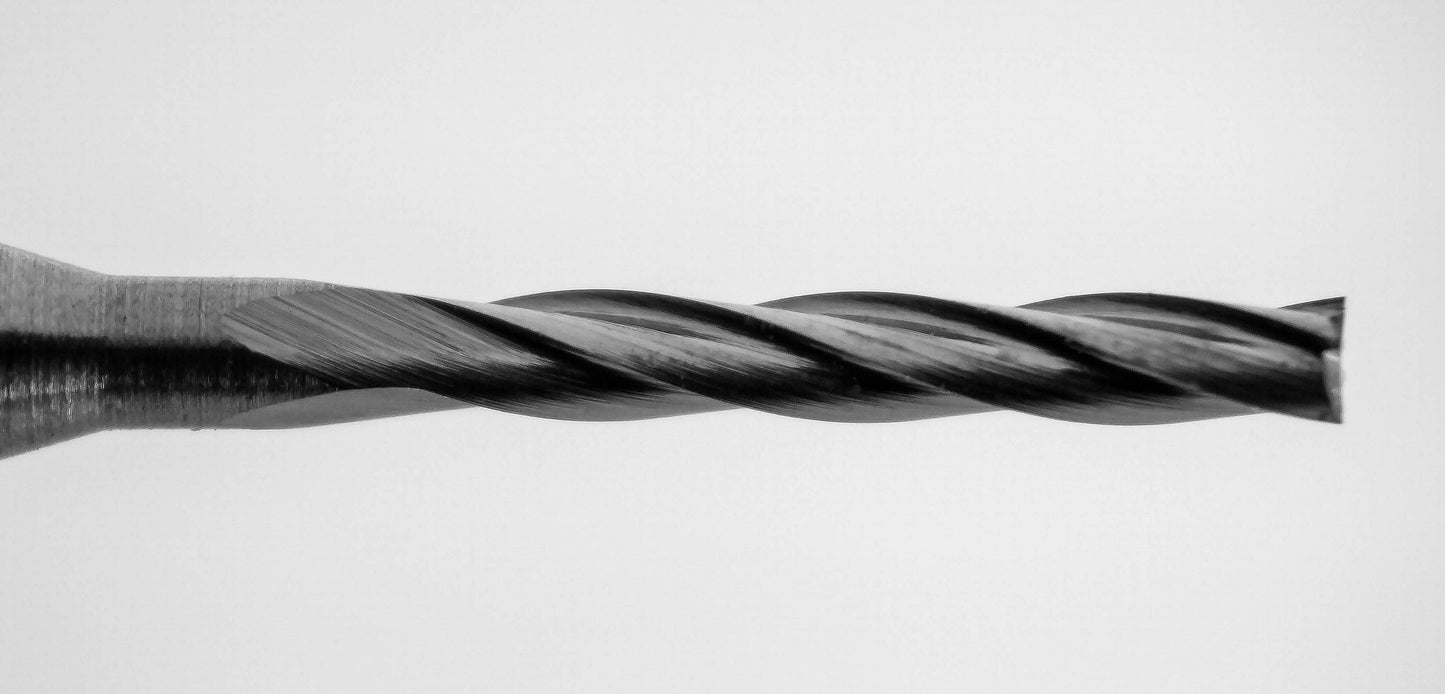 Close-up of square end tip on 0.0350 inch 4 flute up cut carbide end mill