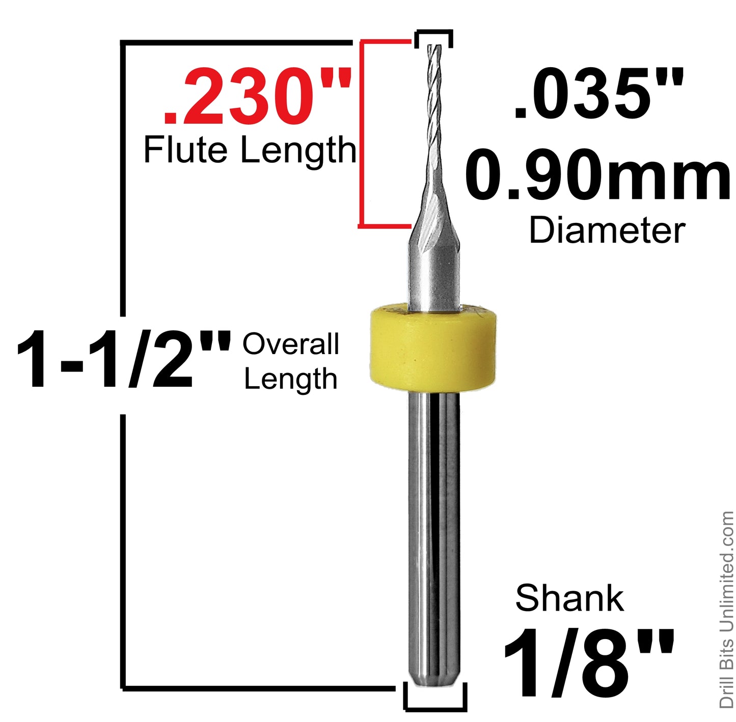 .035" - 0.9mm Diameter x .230" LOC Four Flute End Mill, Square End, Carbide AP-50