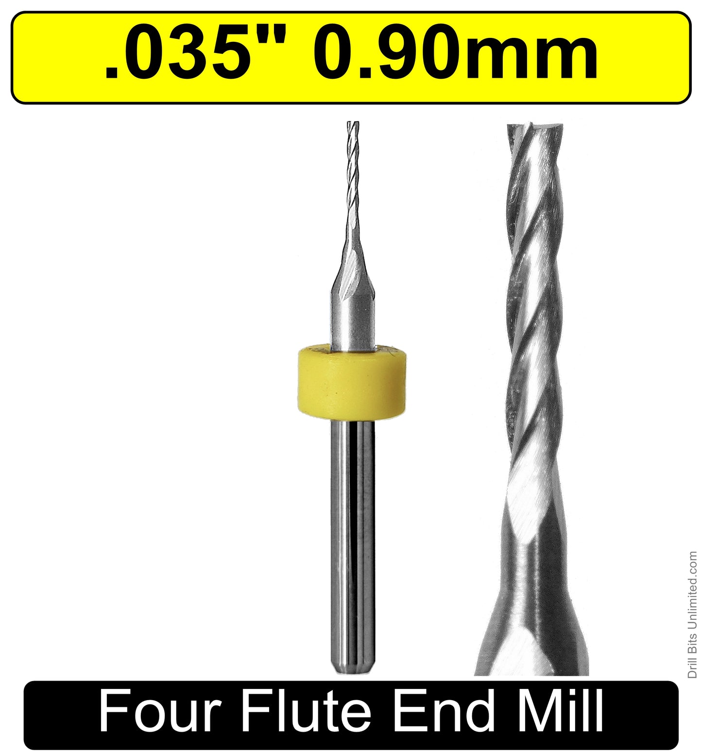 .035" - 0.9mm Diameter x .230" LOC Four Flute End Mill, Square End, Carbide AP-50