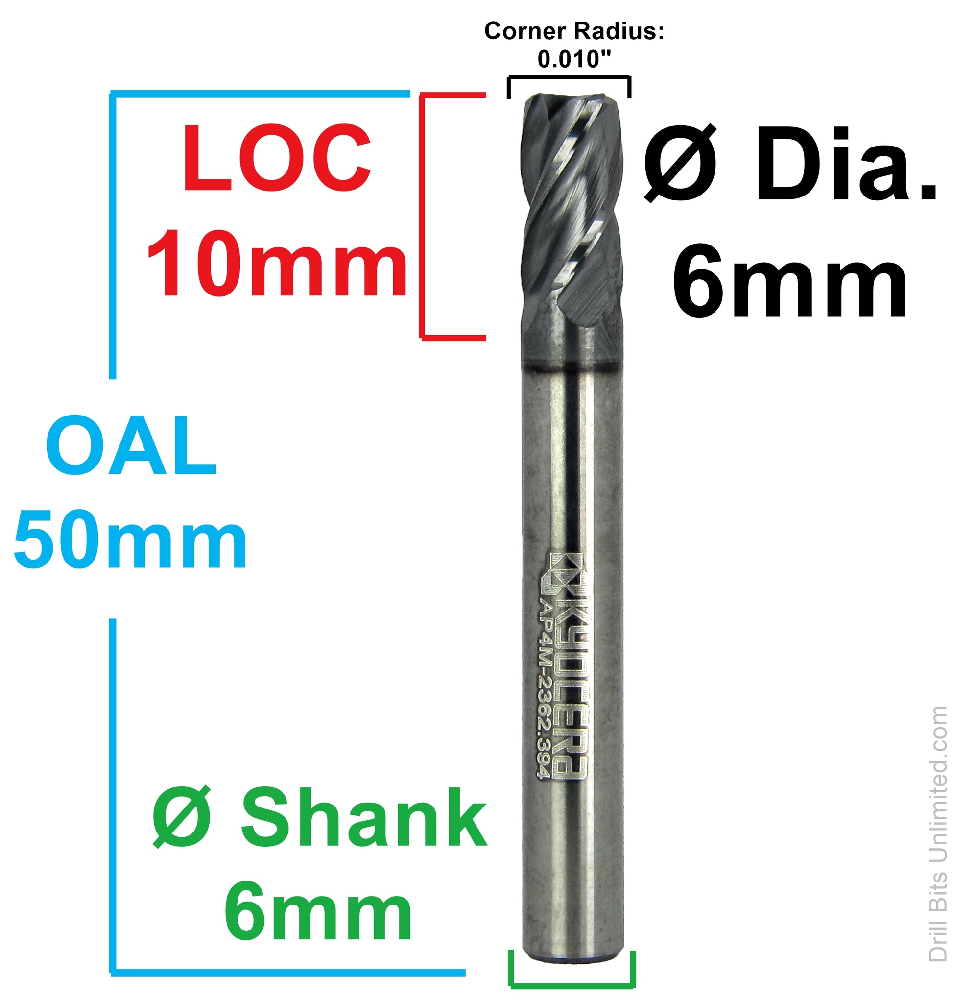 Kyocera 6mm 4 flute corner radius carbide end mill AP4M-2362.394 dimension diagram