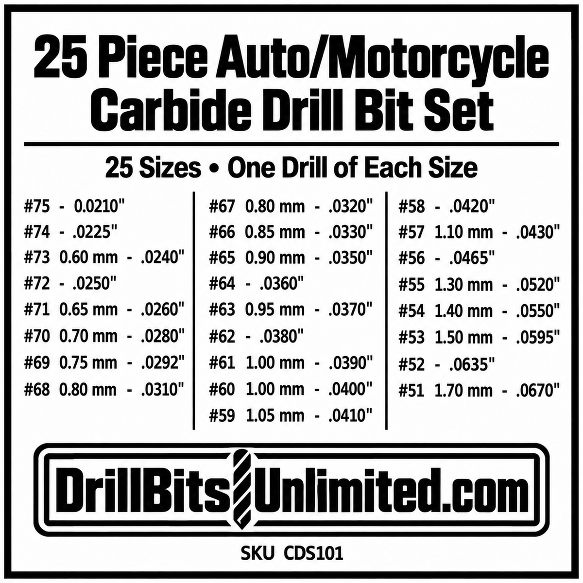 Carburetor Jet Drill Set #75–#51 – 25 Pc, .0210"–.0670", Solid Carbide