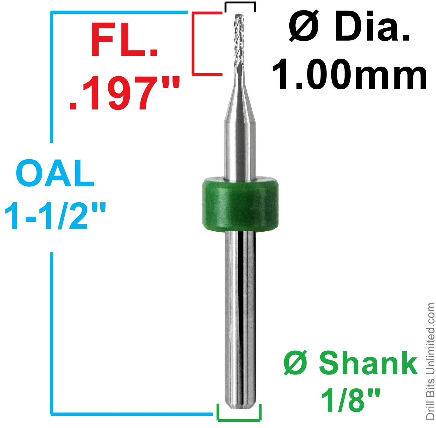 0.0394 inch 1.00mm diamond pattern carbide router dimensions showing .197 inch LOC and 1.50 inch overall length