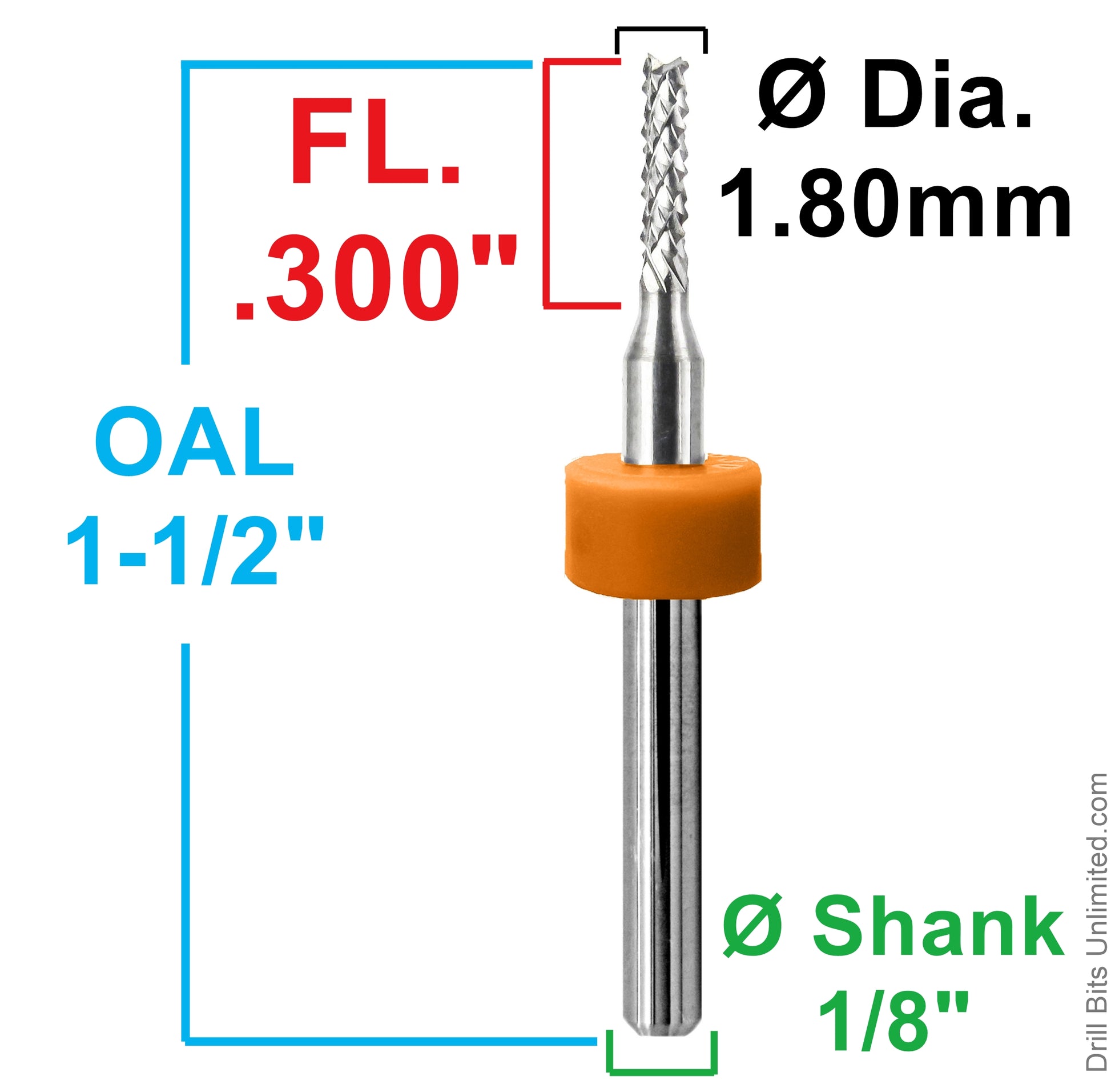 1.8mm diamond flute router showing .300 inch LOC and 1.5 inch overall length