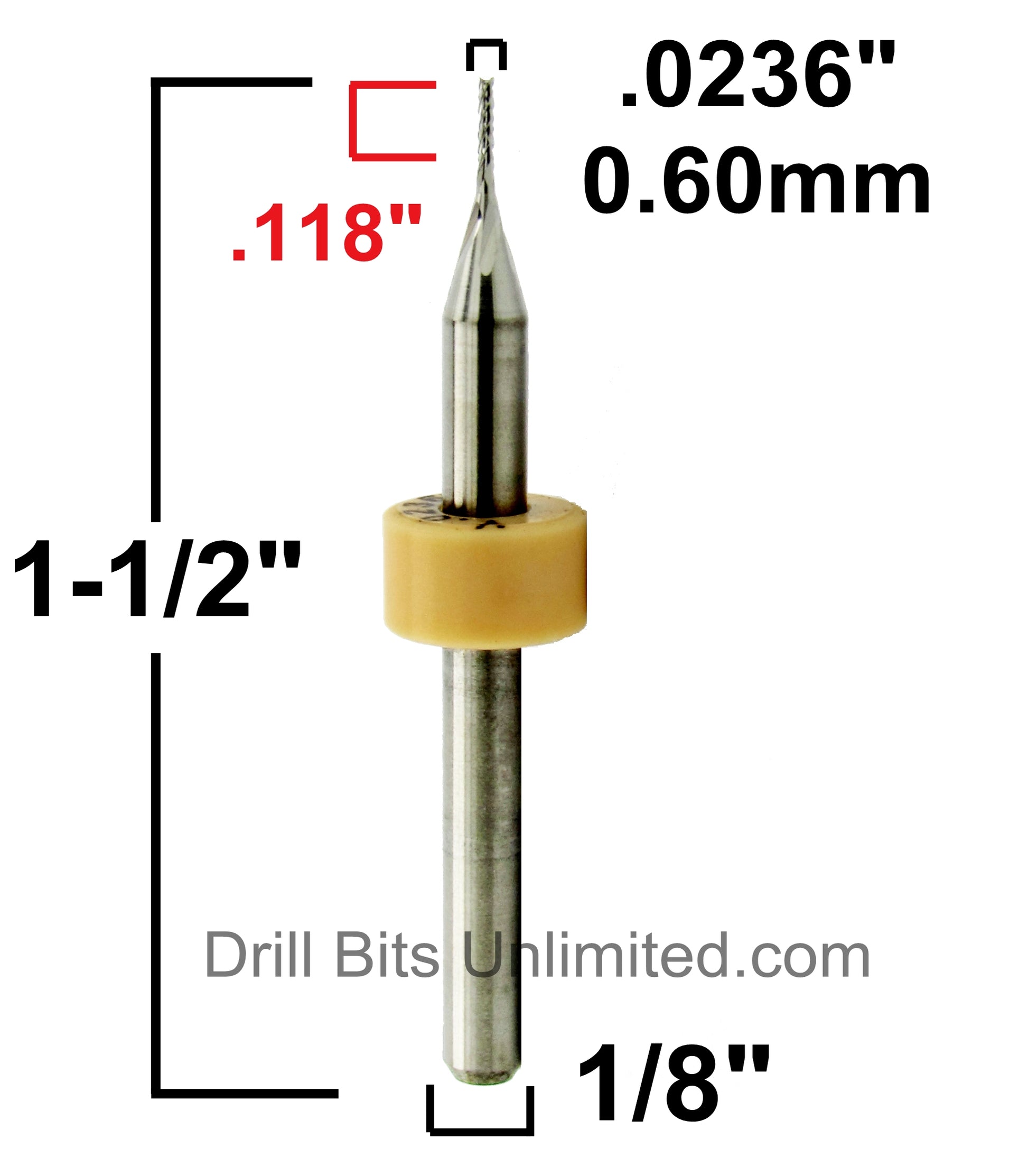 0.60mm diamond flute carbide router dimensions showing .118 inch LOC and 1-1/2 inch overall length