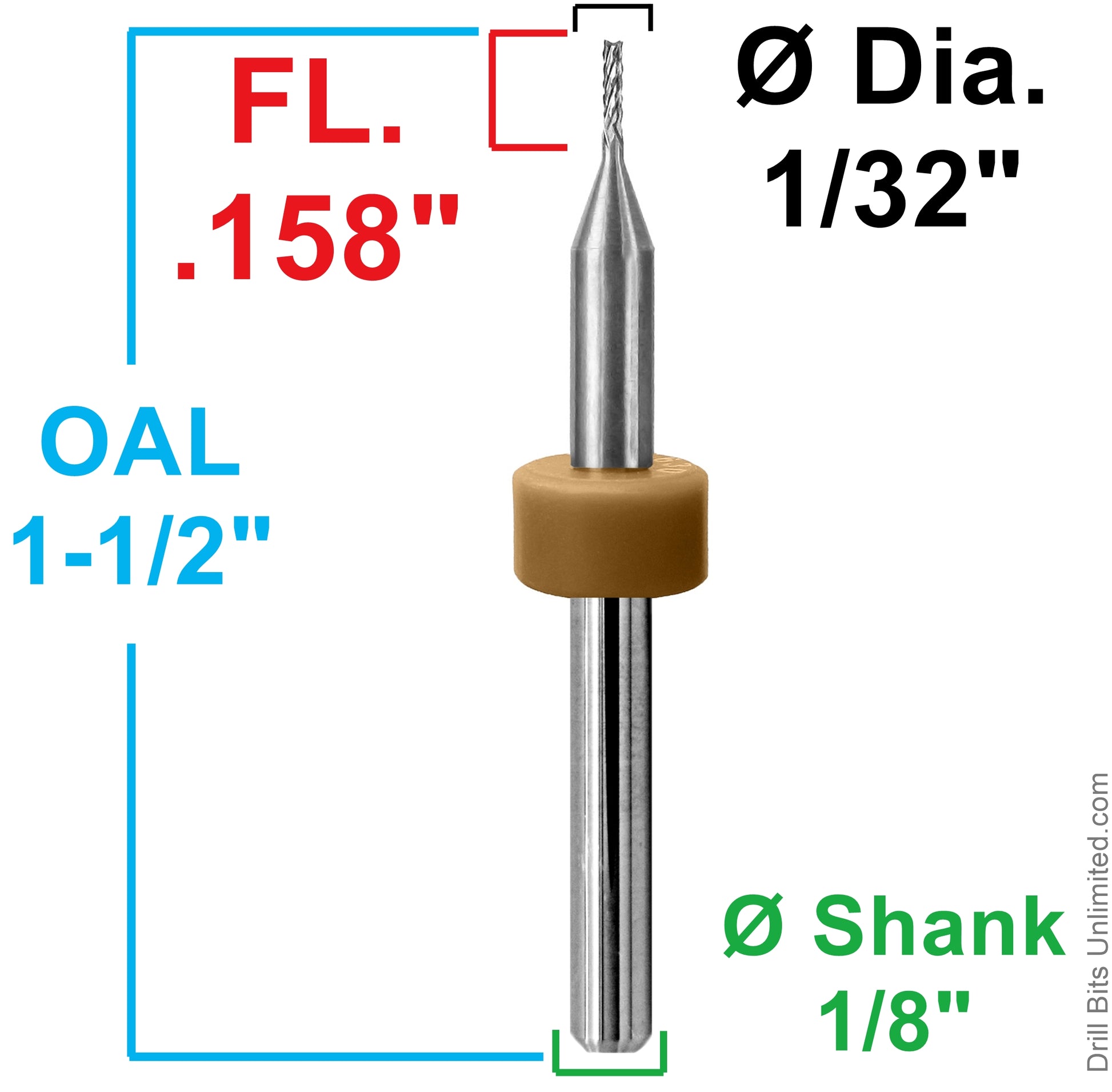 1/32 diamond flute carbide router dimensions showing .158 inch LOC and 1-1/2 inch overall length