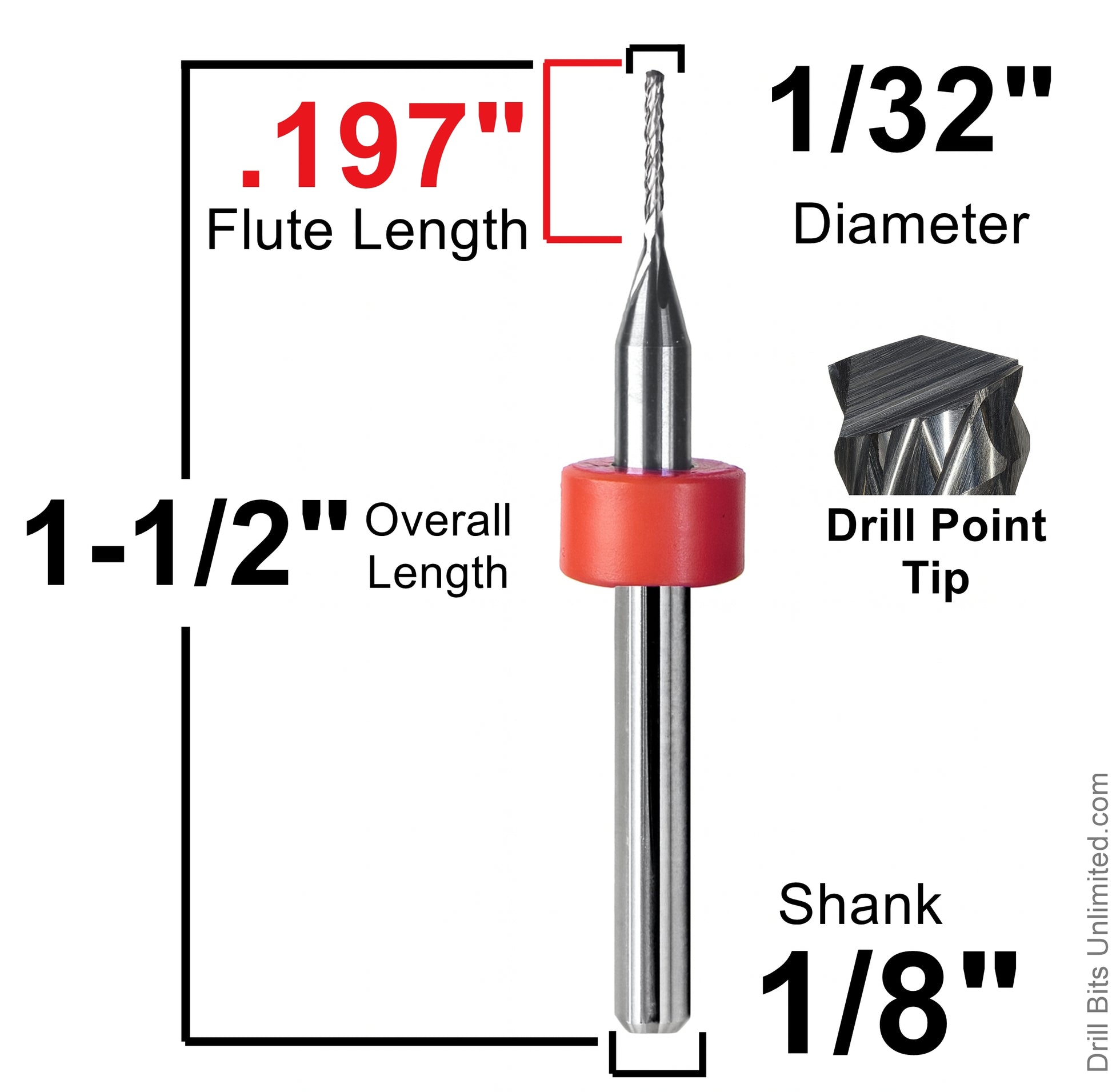 1/32 diamond flute carbide router dimensions showing .197 inch LOC and 1-1/2 inch overall length