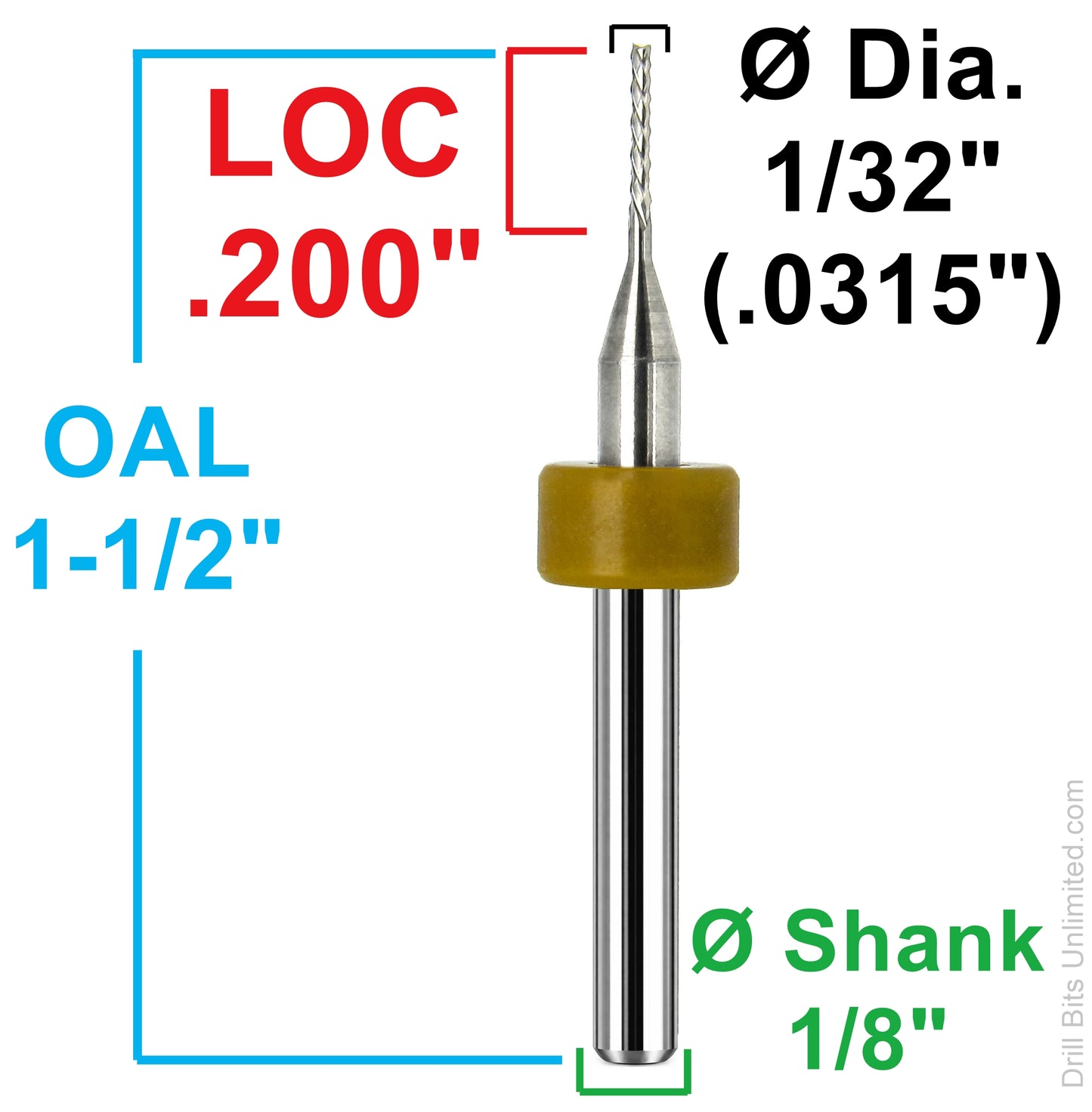 1/32 diamond flute carbide router dimensions showing .200 inch LOC and 1-1/2 inch overall length
