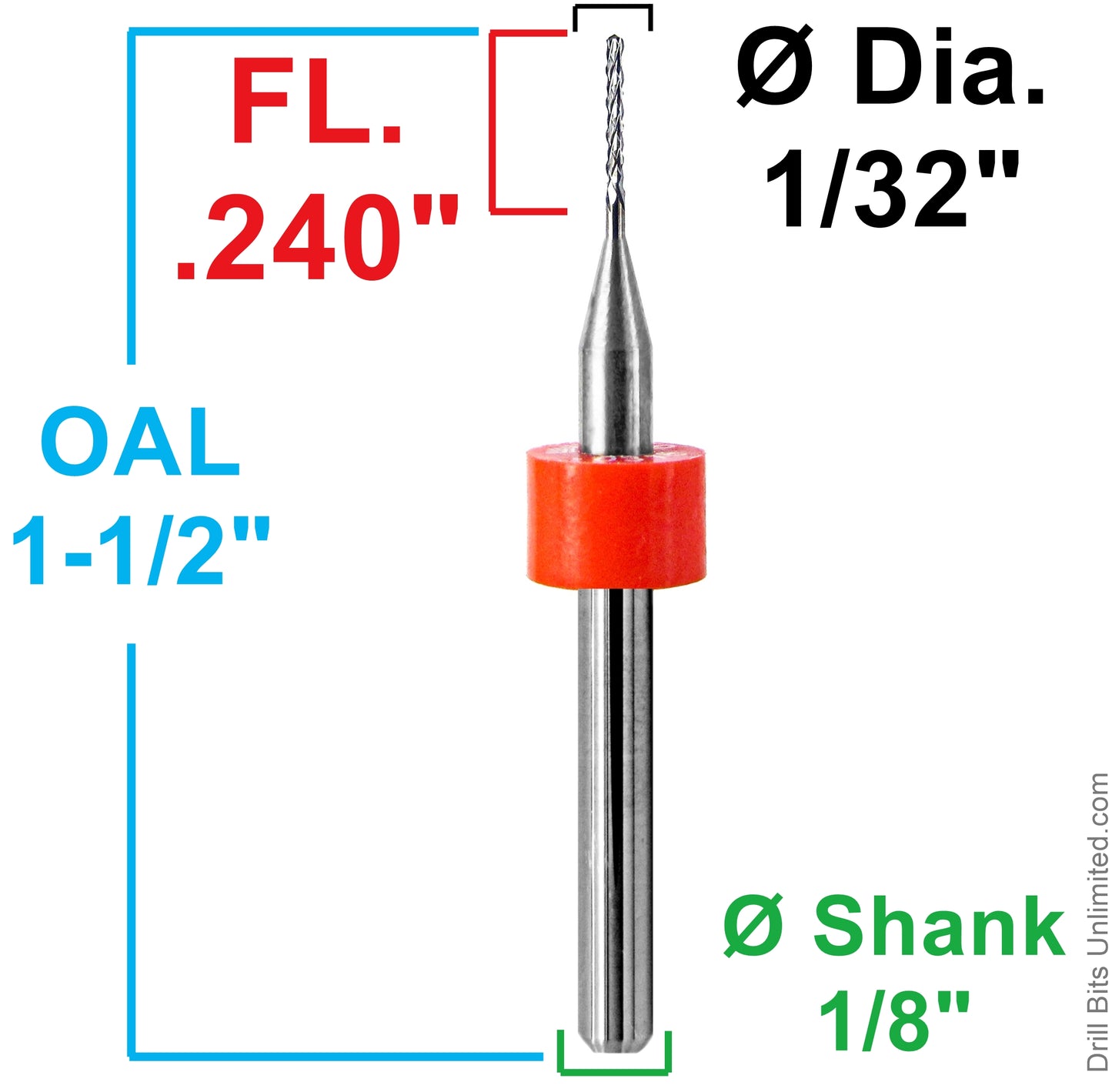 1/32 diamond flute carbide router dimensions showing .240 inch LOC and 1-1/2 inch overall length