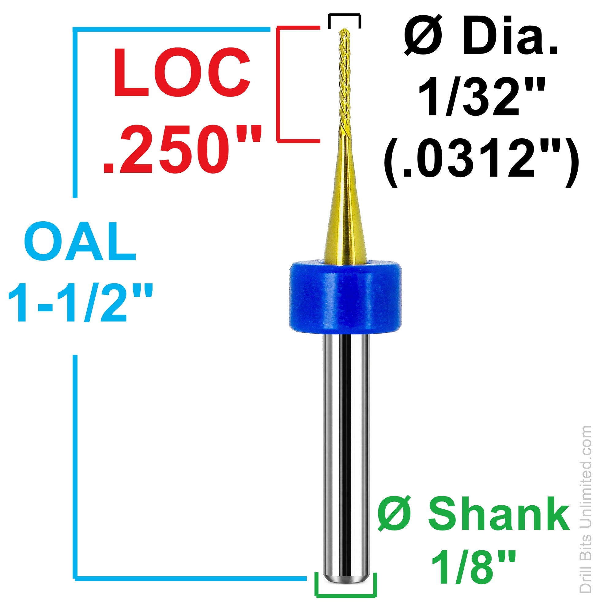 1/32 diamond flute carbide router dimensions showing .250 inch LOC and 1-1/2 inch overall length