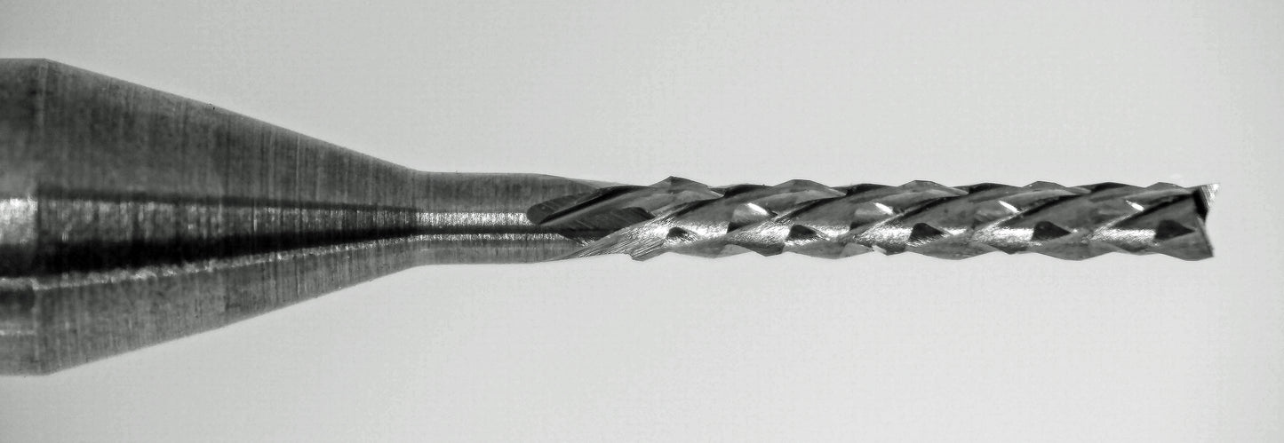 close up of fish tail tip on 1/32 diamond flute carbide router down cut