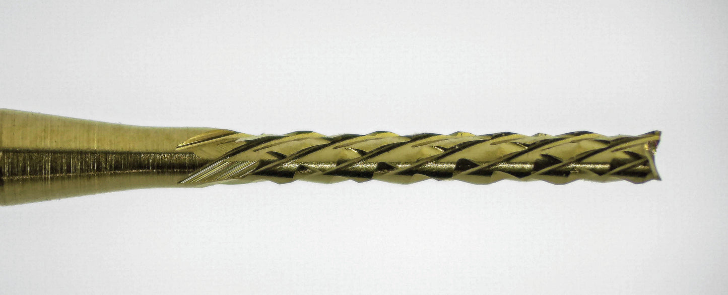 close up of fish tail tip on 1/32 diamond flute carbide router down cut