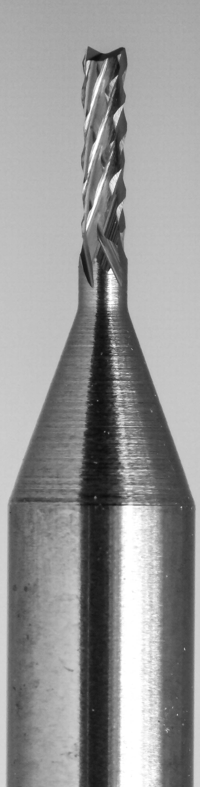 close up of fish tail tip on 1/32 diamond flute carbide router up cut