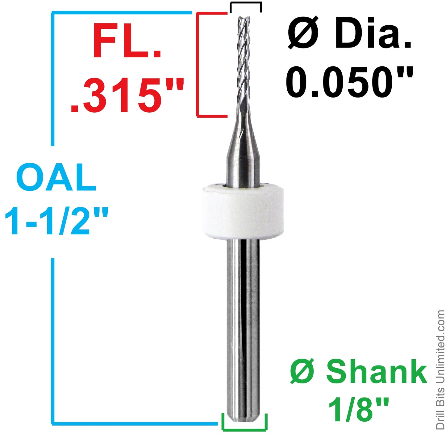 0.050 inch diamond flute carbide router dimensions showing .315 inch LOC and 1.50 inch overall length