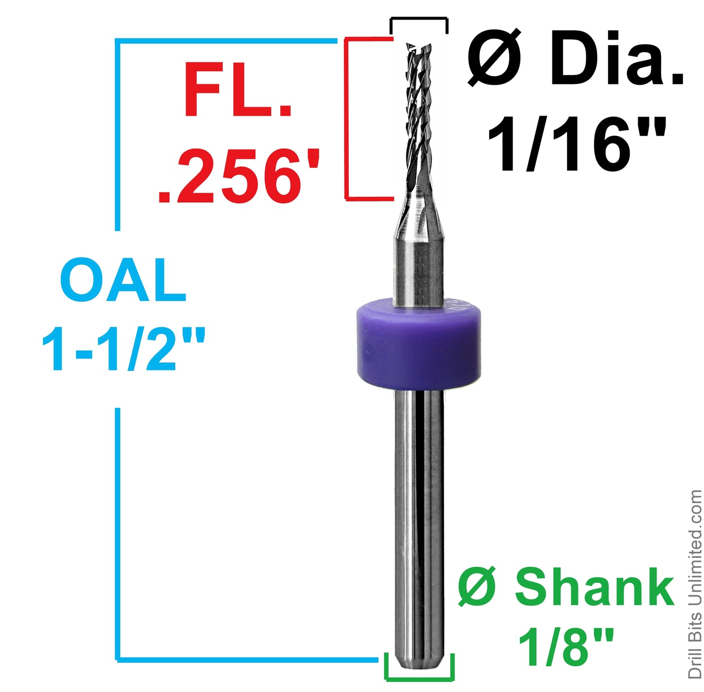 1/16 inch diamond flute router showing .256 inch LOC and 1.5 inch overall length