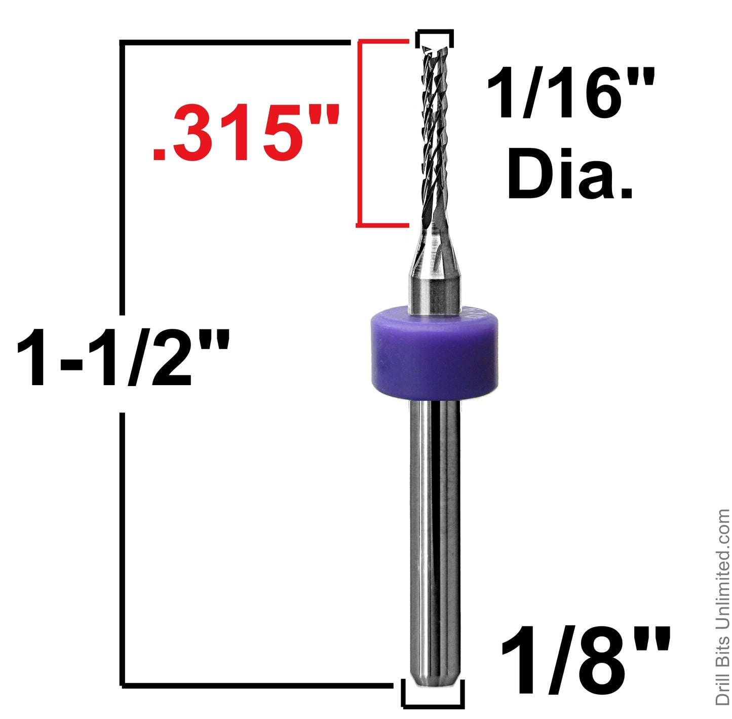 1/16 inch diamond flute router showing .315 inch LOC and 1.5 inch overall length