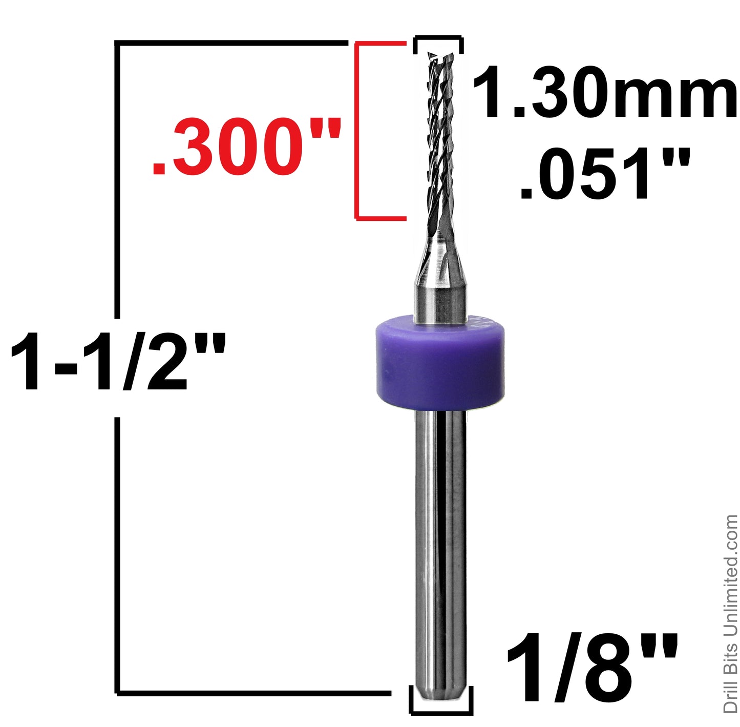1.30mm diamond flute router dimensions showing .300 inch LOC and 1.50 inch overall length
