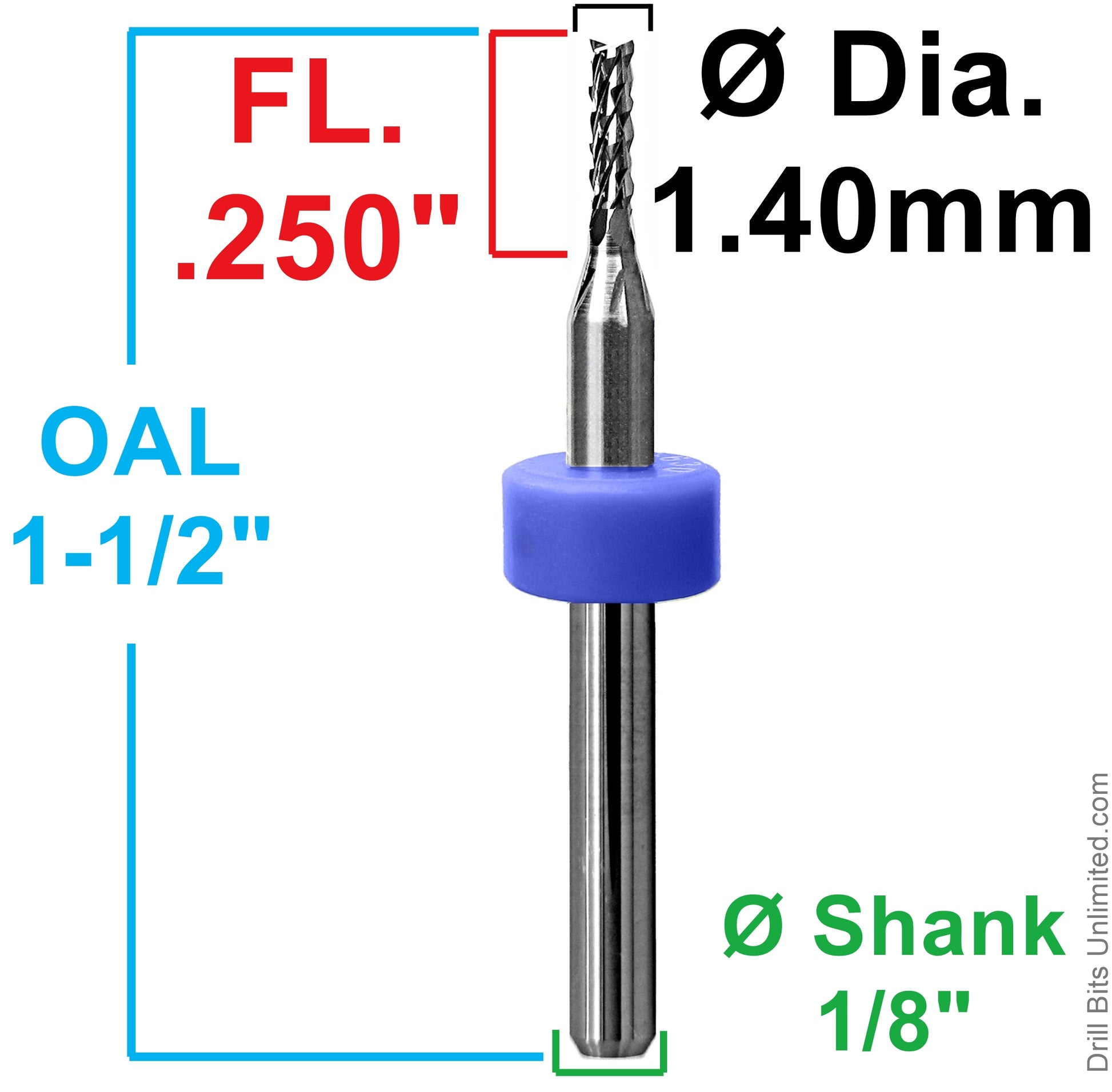1.40mm diamond flute router dimensions showing .250 inch LOC and 1.50 inch overall length