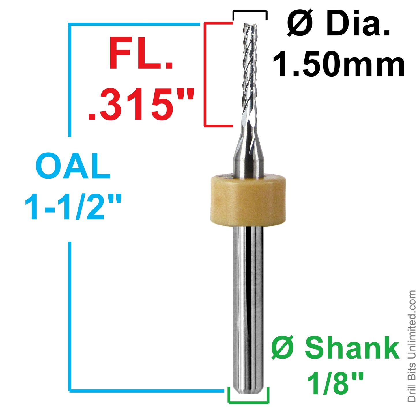 1.50mm diamond flute router dimensions showing .315 inch LOC and 1.50 inch overall length