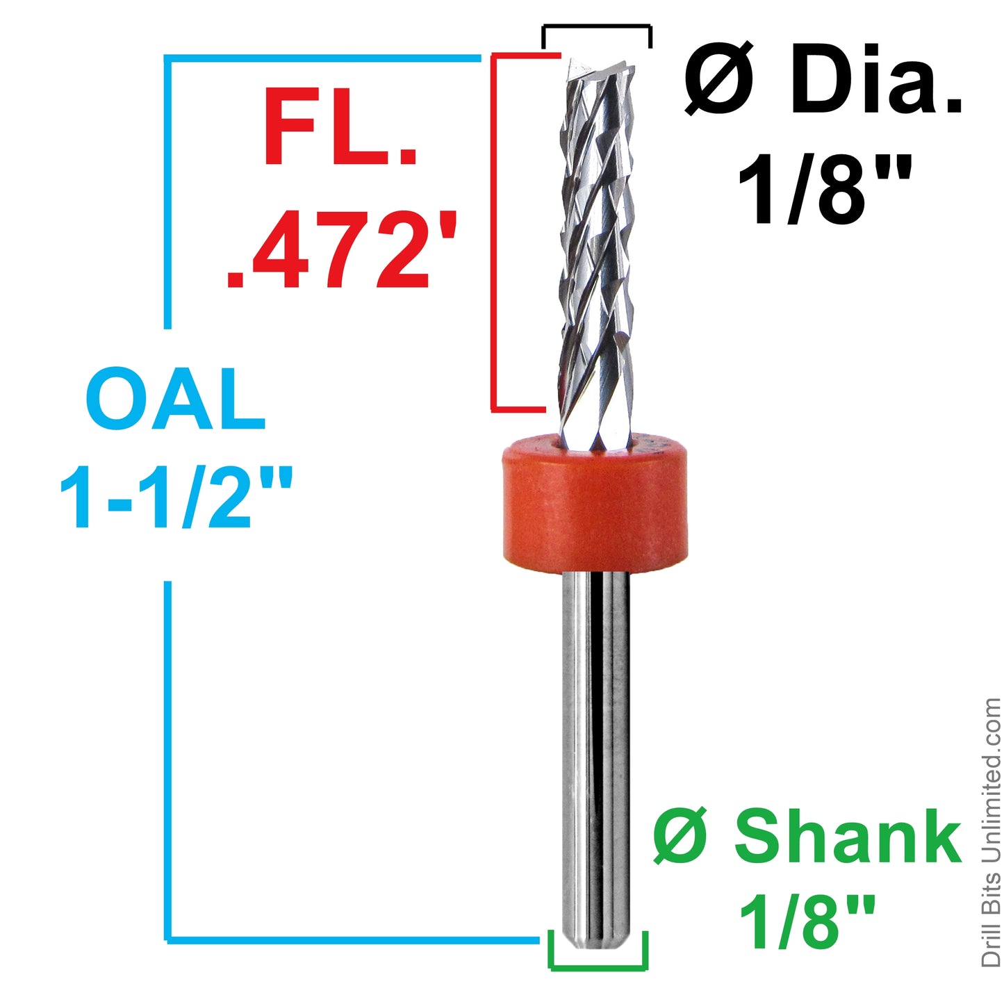 1/8 inch diamond flute router showing .472 inch LOC and 1.5 inch overall length