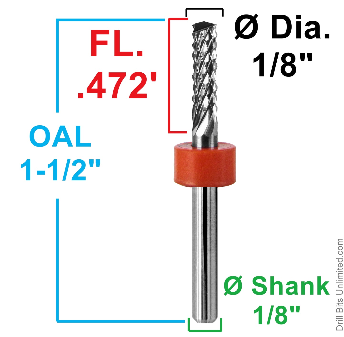 1/8 inch diamond flute router showing .472 inch LOC and 1.5 inch overall length
