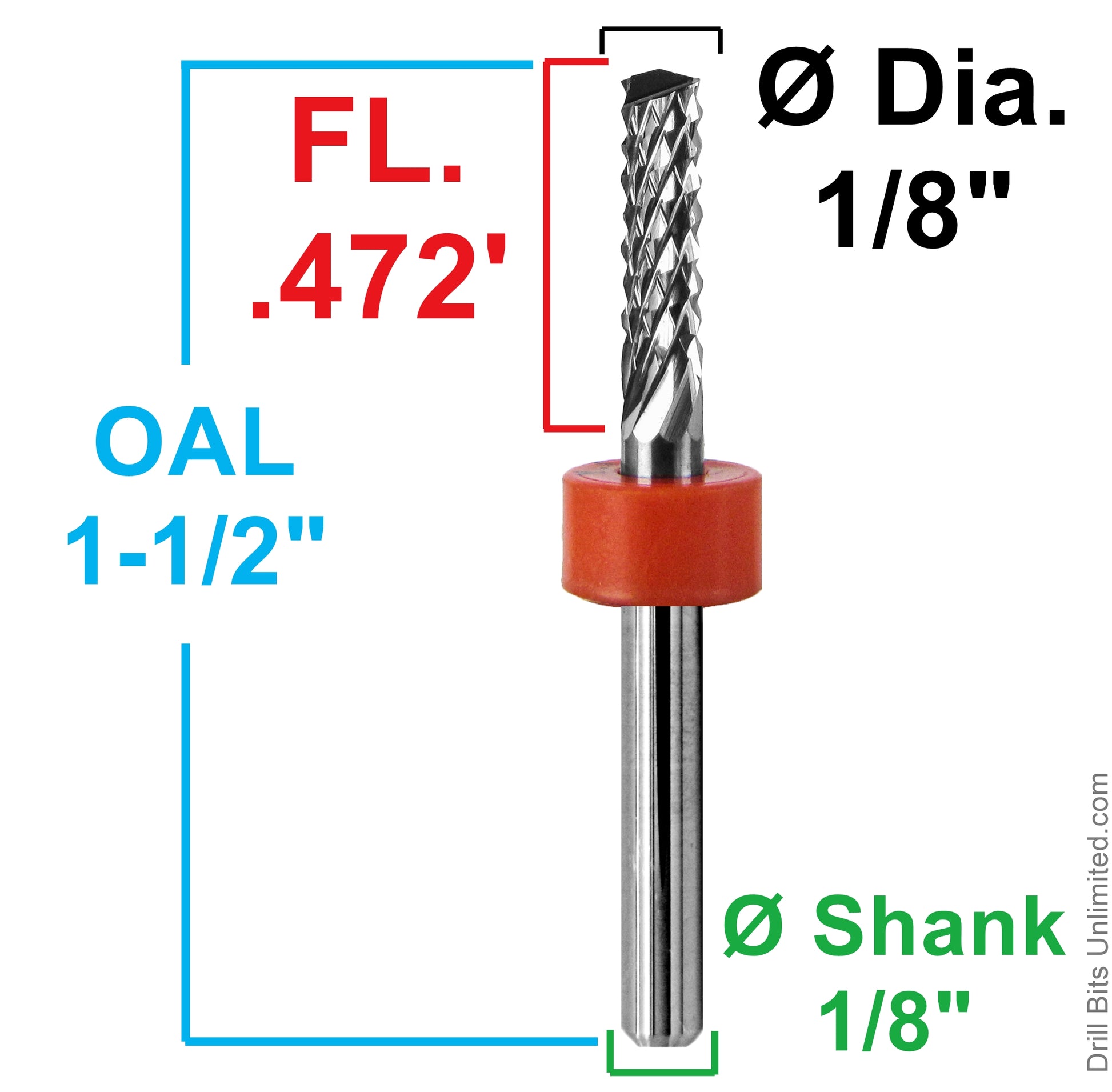 1/8 inch diamond flute router showing .472 inch LOC and 1.5 inch overall length