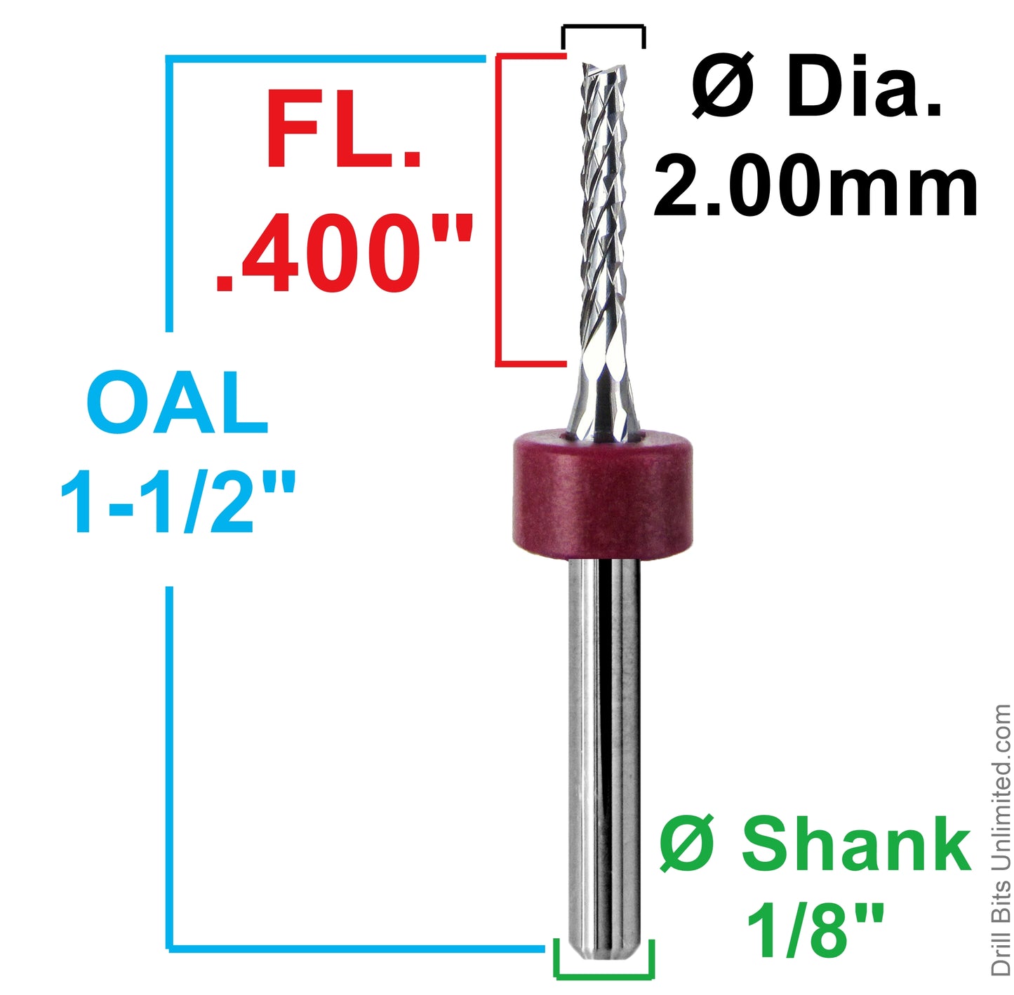 2.00mm diamond flute router showing .400 inch LOC and 1.5 inch overall length