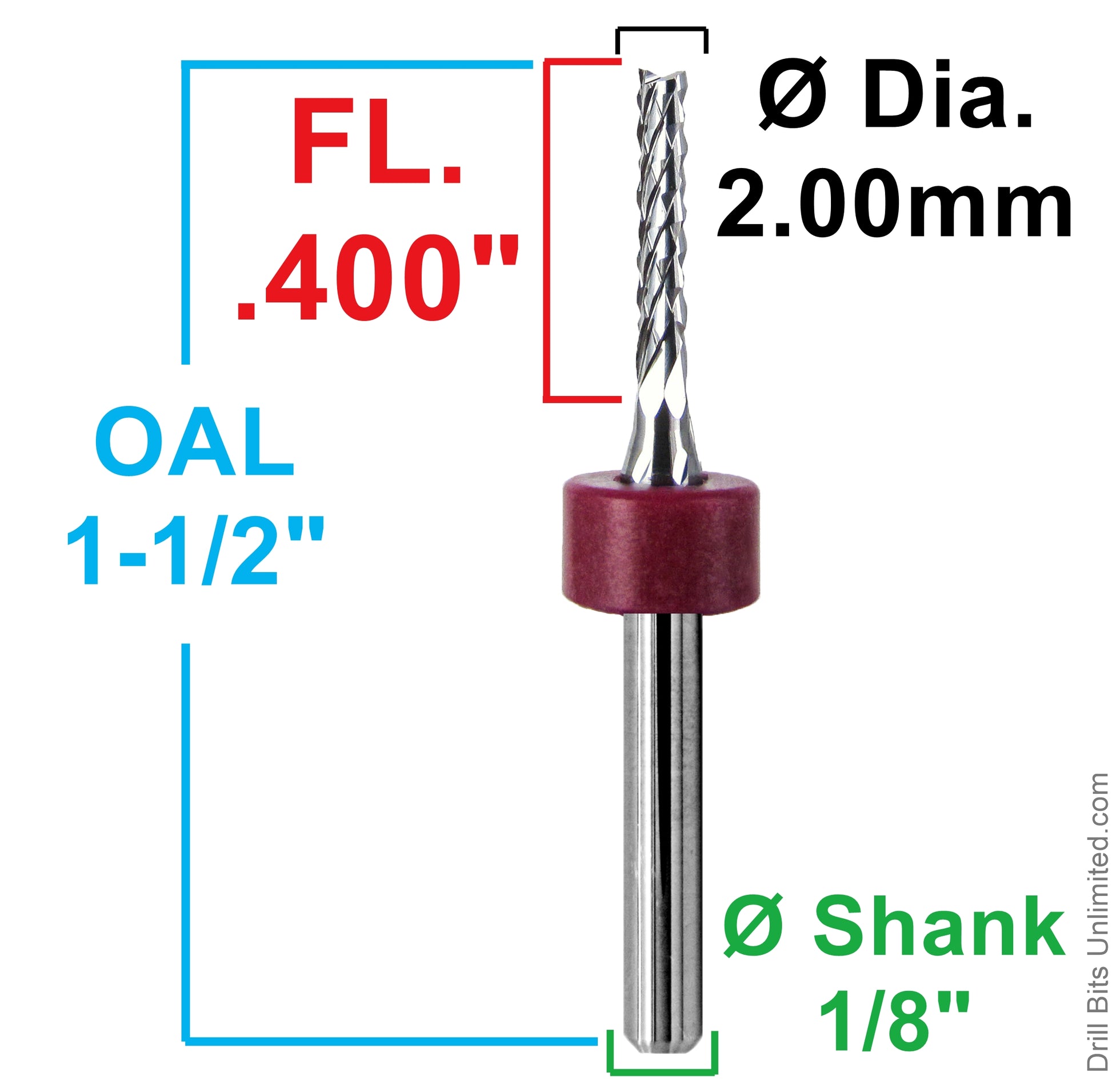 2.00mm diamond flute router showing .400 inch LOC and 1.5 inch overall length
