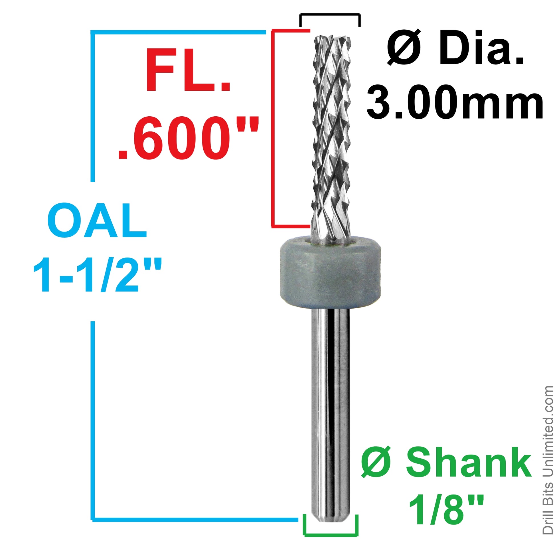 Dimension image for 3.00mm diamond flute carbide router showing .600 inch LOC, 1-1/2 inch OAL, square end, and 1/8 inch shank