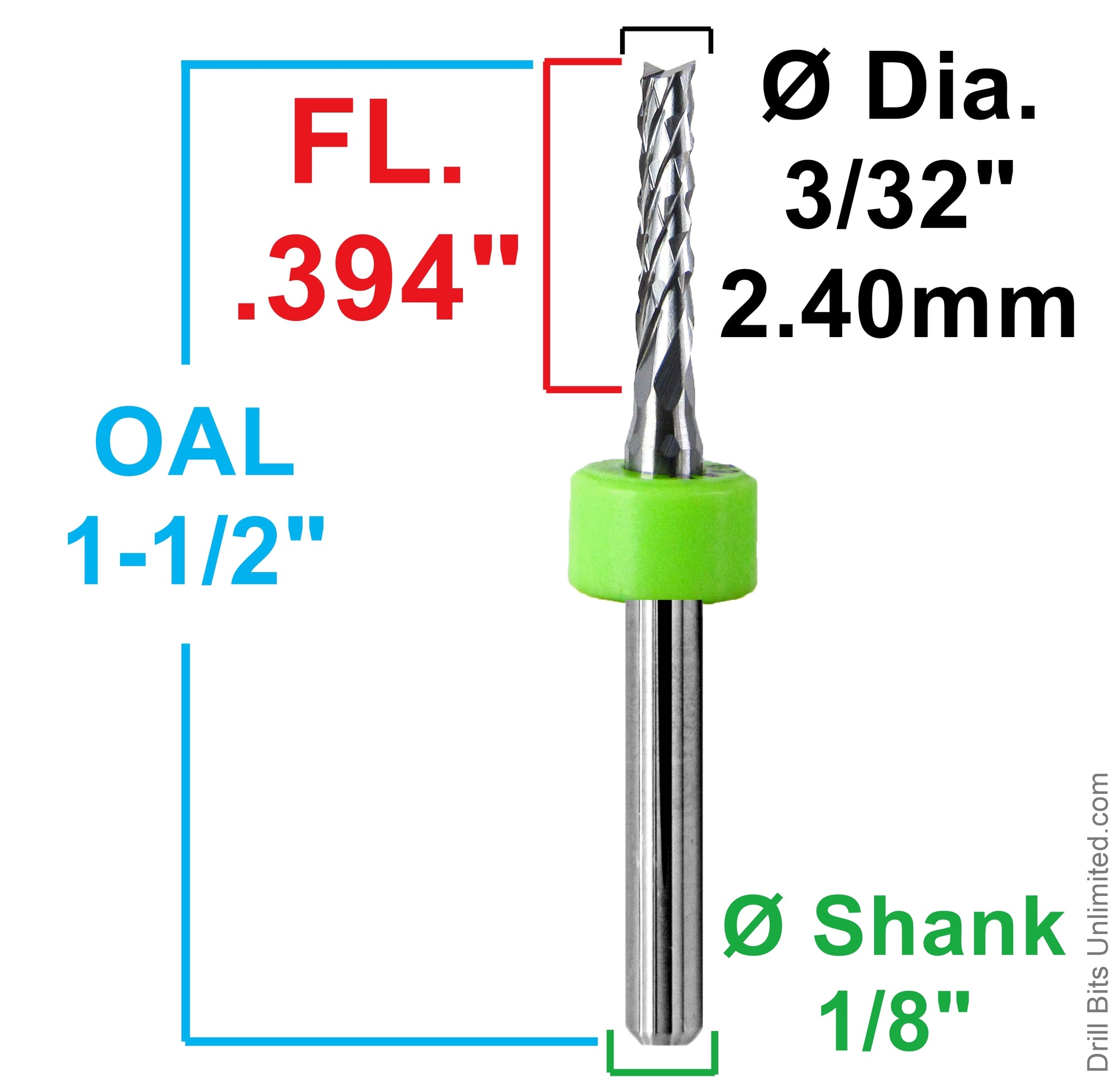 3/32 diamond flute router showing .394 inch LOC and 1.5 inch overall length