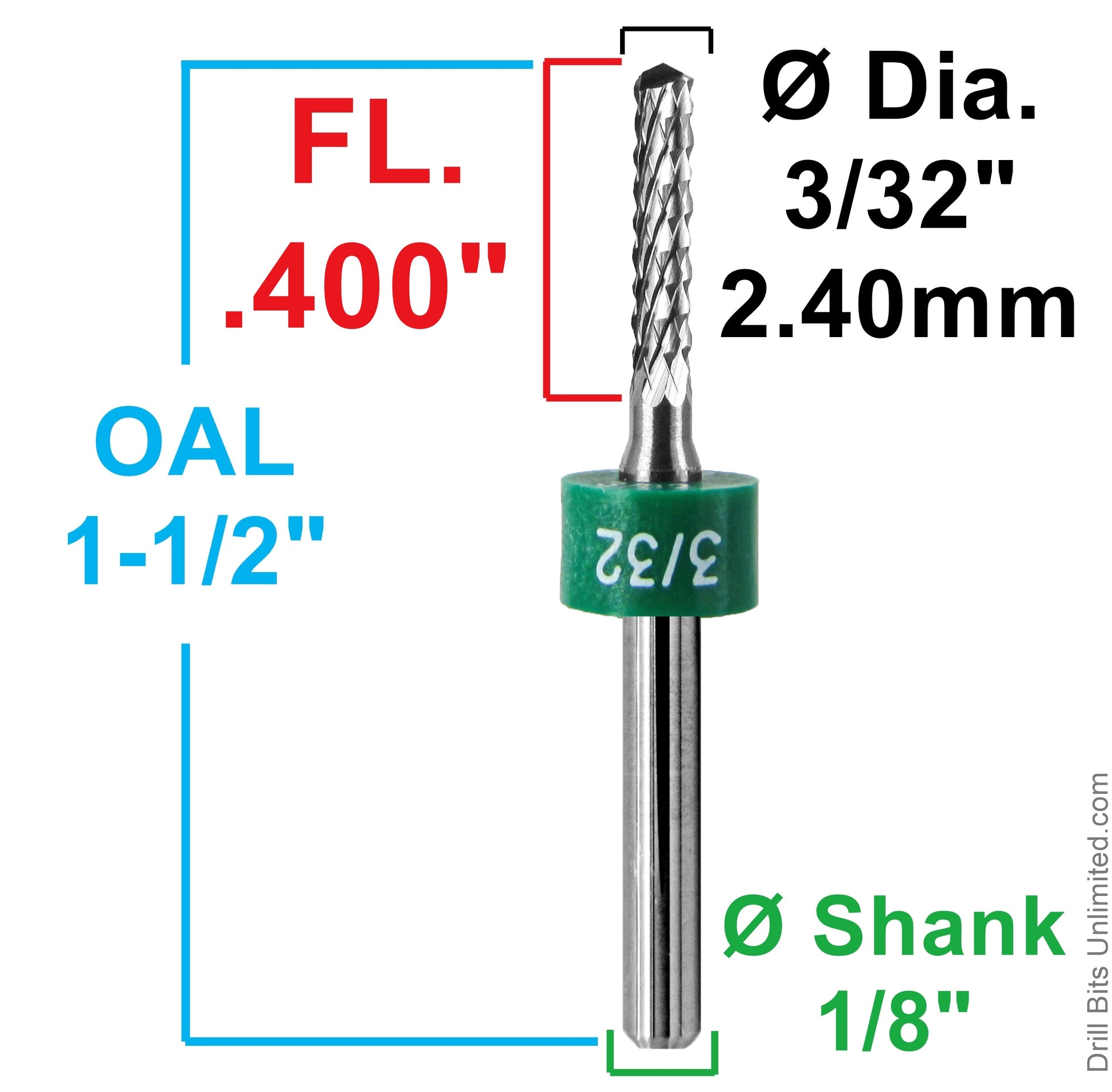 3/32 diamond flute router showing .400 inch LOC and 1.5 inch overall length
