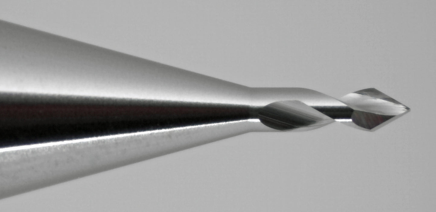 0.030" 60° 2-Flute Spiral V-Bit Engraver, 1/8" Shank, 0.102" Reach, Solid Carbide - Kyocera Made in USA E102