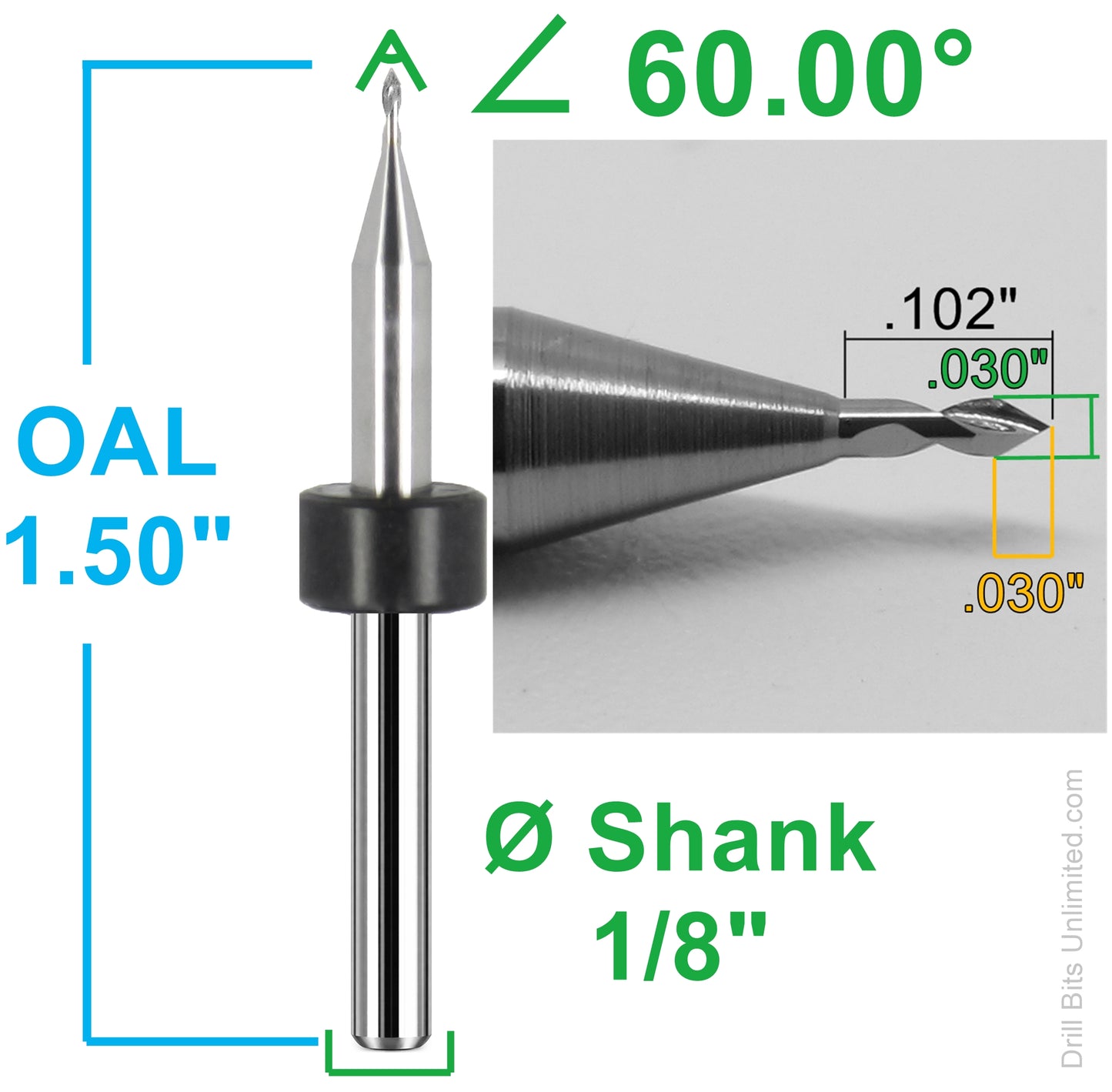 0.030" 60° 2-Flute Spiral V-Bit Engraver, 1/8" Shank, 0.102" Reach, Solid Carbide - Kyocera Made in USA E102
