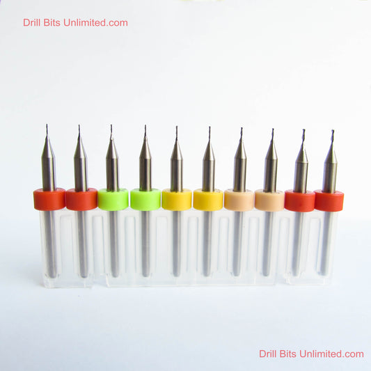 Ten Piece Five Size Two Flute End Mill Variety Set 0.40mm 0.45mm 0.50mm 0.60mm 0.80mm (1/32") EVS101